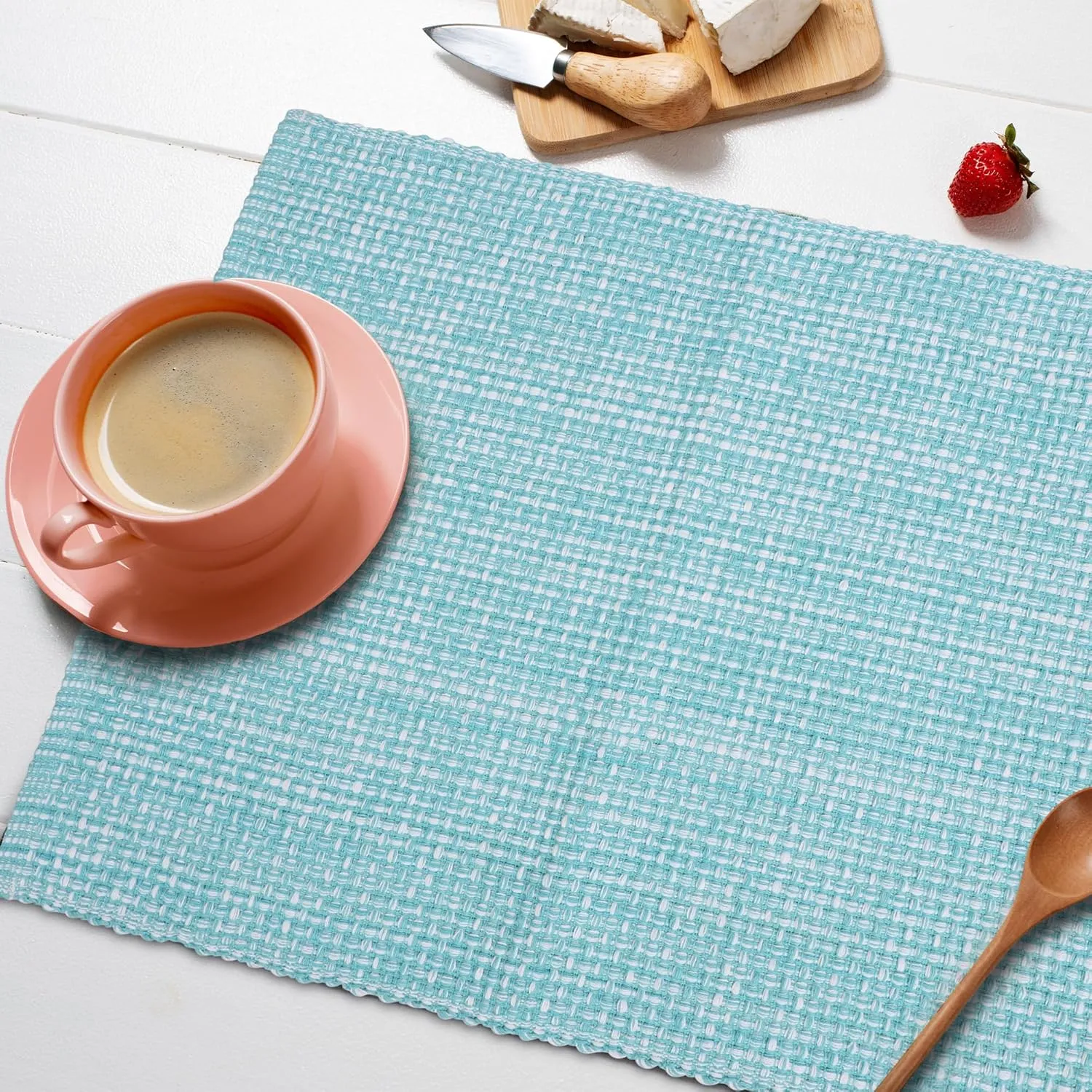 Urban Villa Placemats for Dining Table 100% CottonPlacemats 14''x20'' Over Sized Tablemats Set of 6 Placemats Aqua/White Two Tone Tablemats for Family Dinners Wedding Parties Everyday UsePlacemats