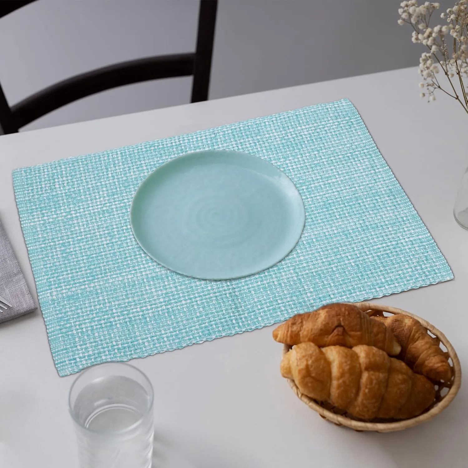 Urban Villa Placemats for Dining Table 100% CottonPlacemats 14''x20'' Over Sized Tablemats Set of 6 Placemats Aqua/White Two Tone Tablemats for Family Dinners Wedding Parties Everyday UsePlacemats