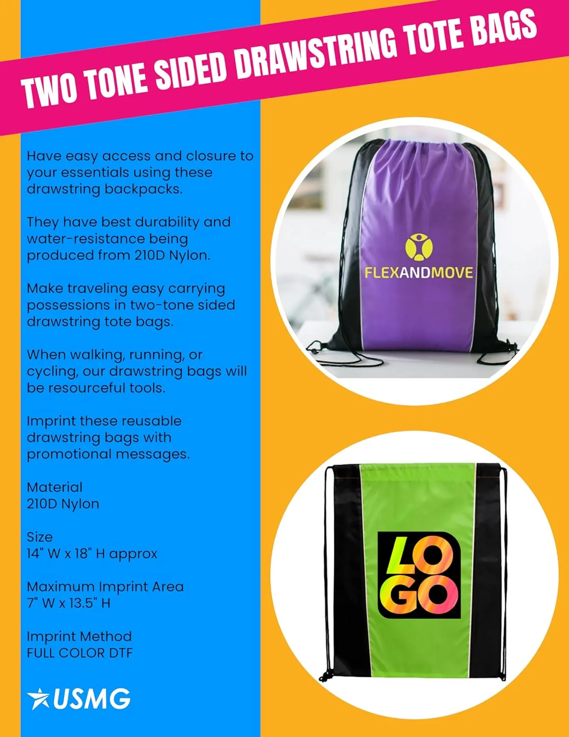 USMG Custom Two Tone Drawstring Tote Bags - Multicolor Imprint for Marketing & Events
