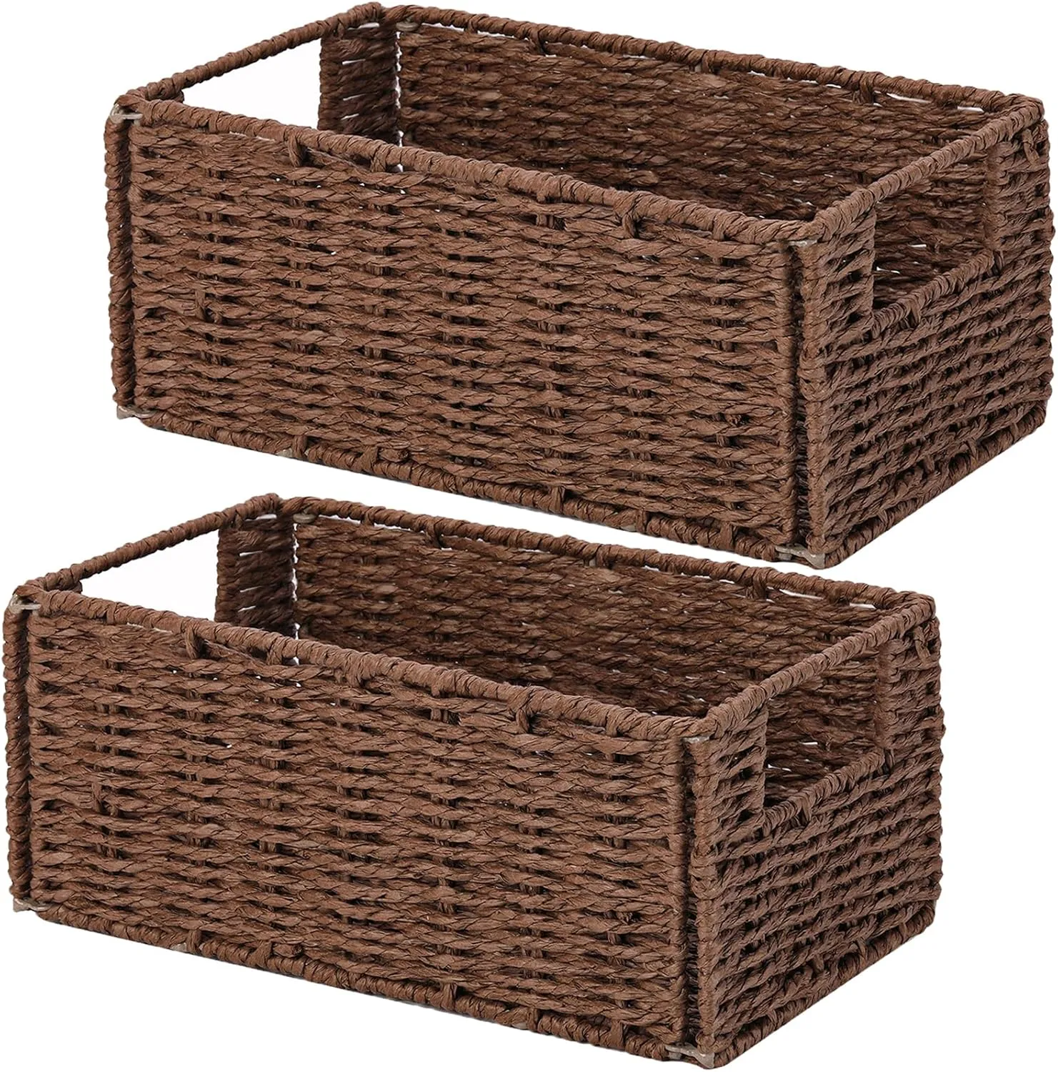 Vagusicc Wicker Storage Basket, Set of 2 Hand-Woven Paper Rope Wicker Basket, Small Storage Baskets for Organizing Toilet Paper Basket, Foldable Large Cube Storage Organizer Bins for Shelves (Brown)