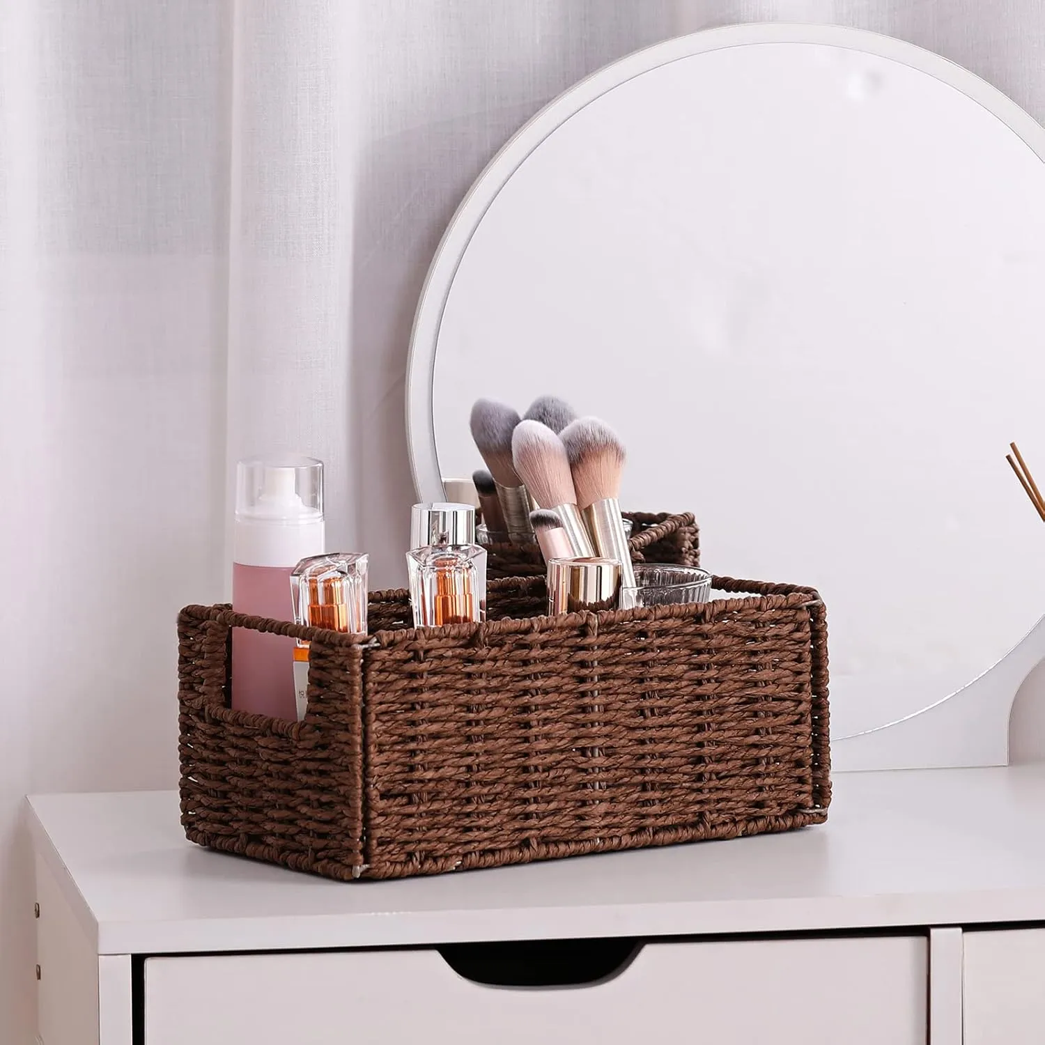 Vagusicc Wicker Storage Basket, Set of 2 Hand-Woven Paper Rope Wicker Basket, Small Storage Baskets for Organizing Toilet Paper Basket, Foldable Large Cube Storage Organizer Bins for Shelves (Brown)