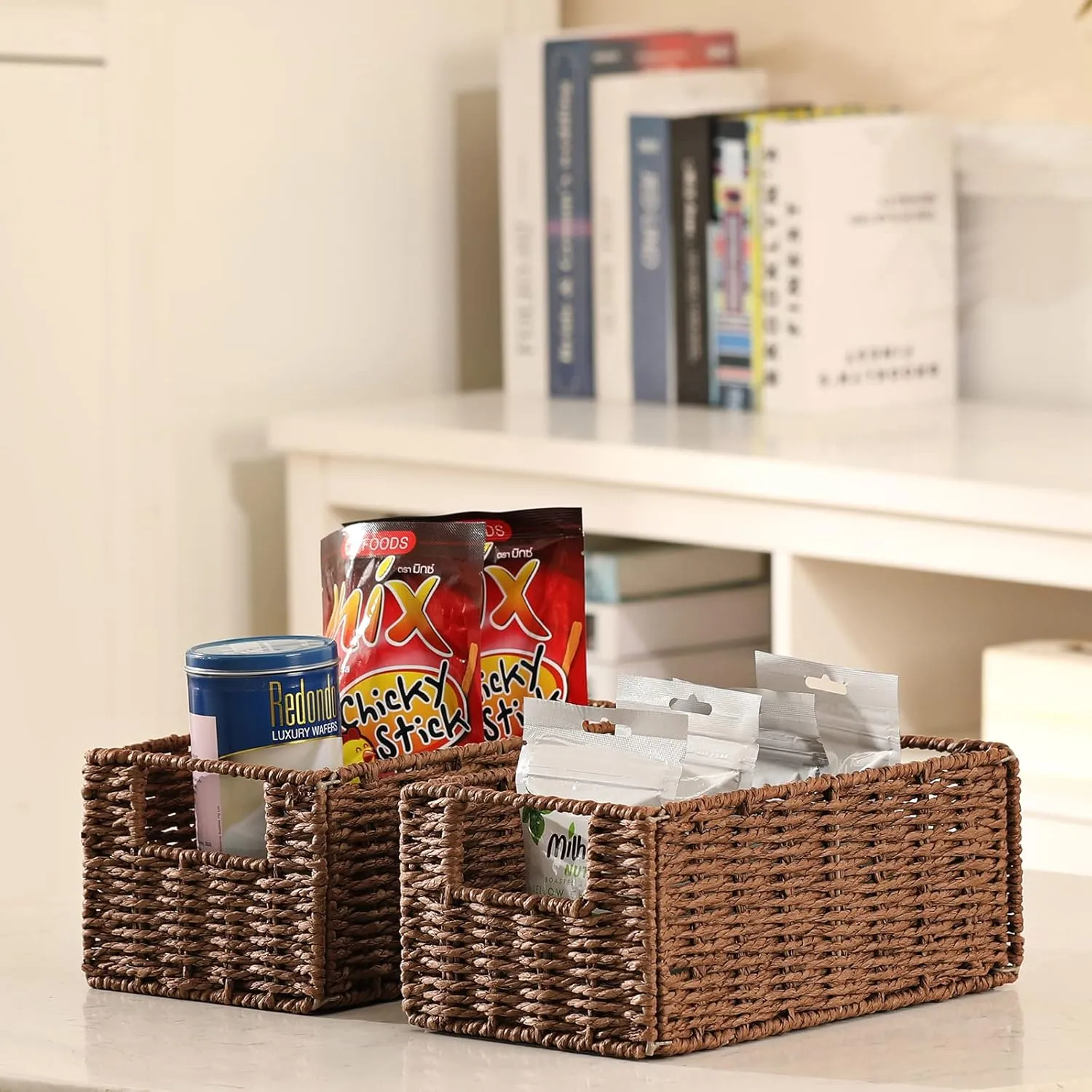 Vagusicc Wicker Storage Basket, Set of 2 Hand-Woven Paper Rope Wicker Basket, Small Storage Baskets for Organizing Toilet Paper Basket, Foldable Large Cube Storage Organizer Bins for Shelves (Brown)