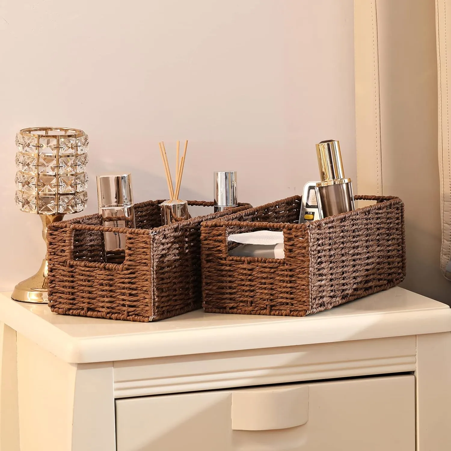 Vagusicc Wicker Storage Basket, Set of 2 Hand-Woven Paper Rope Wicker Basket, Small Storage Baskets for Organizing Toilet Paper Basket, Foldable Large Cube Storage Organizer Bins for Shelves (Brown)