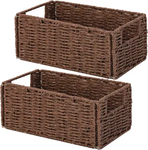 Vagusicc Wicker Storage Basket, Set of 2 Hand-Woven Paper Rope Wicker Basket, Small Storage Baskets for Organizing Toilet Paper Basket, Foldable Large Cube Storage Organizer Bins for Shelves (Brown)