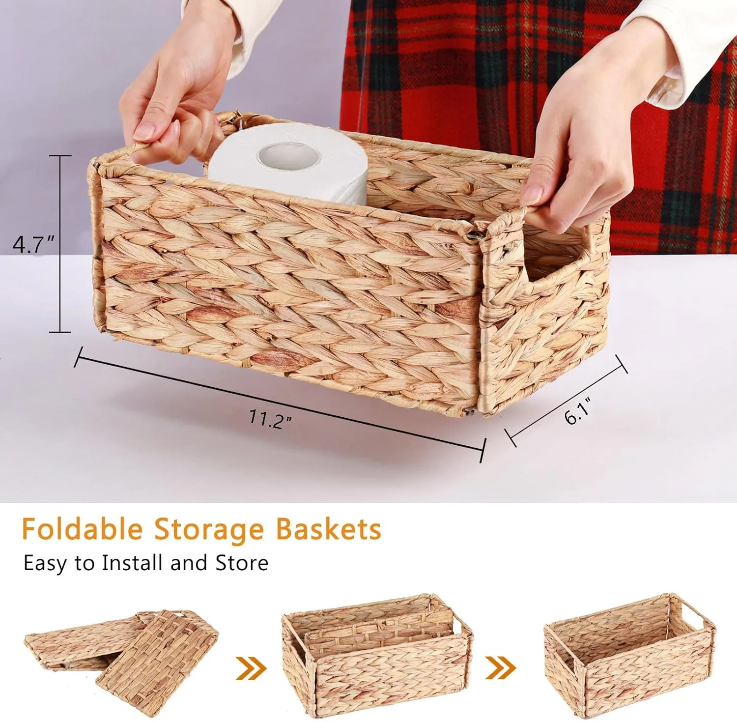 Vagusicc Wicker Storage Basket, Set of 2 Hand-Woven Storage Baskets for Organizing, Small Wicker Basket for Toilet Paper, Foldable Cube Organizer Bins for Shelves and Bathroom (Water Hyacinth)