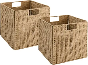 Vagusicc Wicker Storage Basket, Set of 2 Hand-Woven Storage Baskets for Shelves with Handles Foldable Cube Storage Baskets Bins, 9 inch Wicker Baskets for Pantry Bedroom Organizer &Decor, Natural