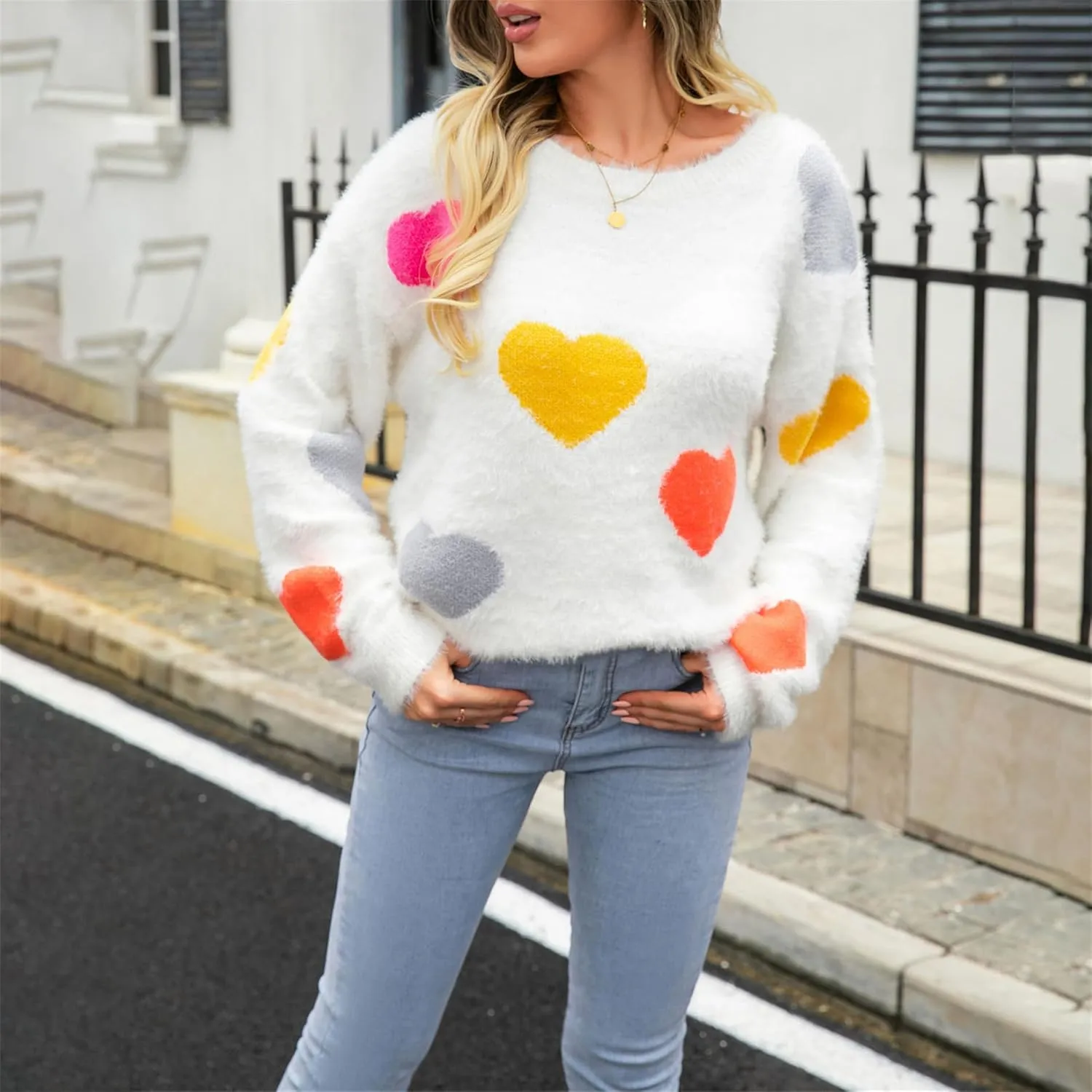 Valentine Sweater for Women Romantic Oversized Heart Print Long Sleeve Crew Neck Sweatshirt Casual Cute Pullover Top