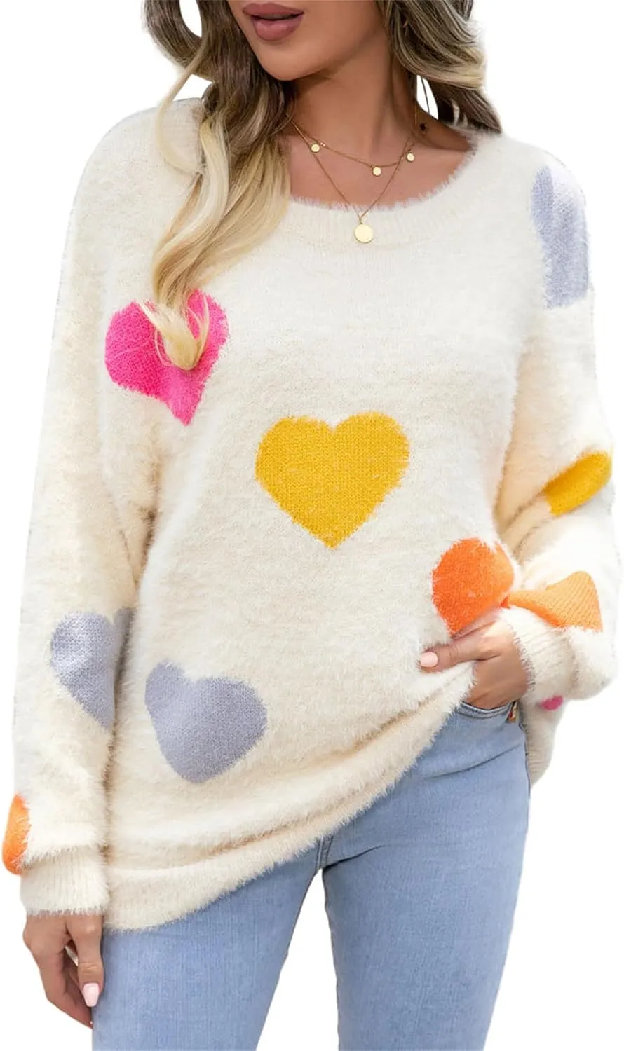 Valentine Sweater for Women Romantic Oversized Heart Print Long Sleeve Crew Neck Sweatshirt Casual Cute Pullover Top