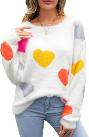 Valentine Sweater for Women Romantic Oversized Heart Print Long Sleeve Crew Neck Sweatshirt Casual Cute Pullover Top