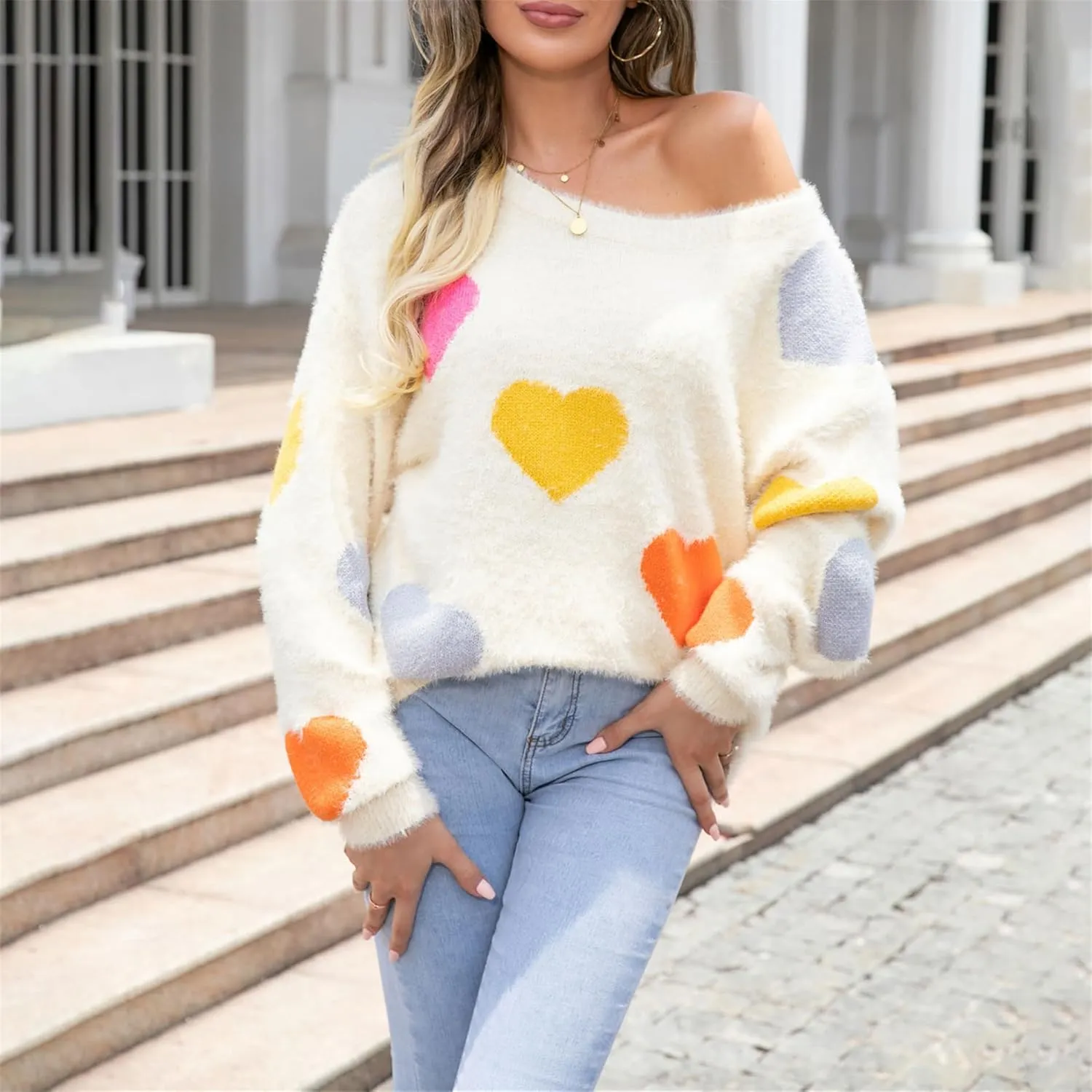 Valentine Sweater for Women Romantic Oversized Heart Print Long Sleeve Crew Neck Sweatshirt Casual Cute Pullover Top