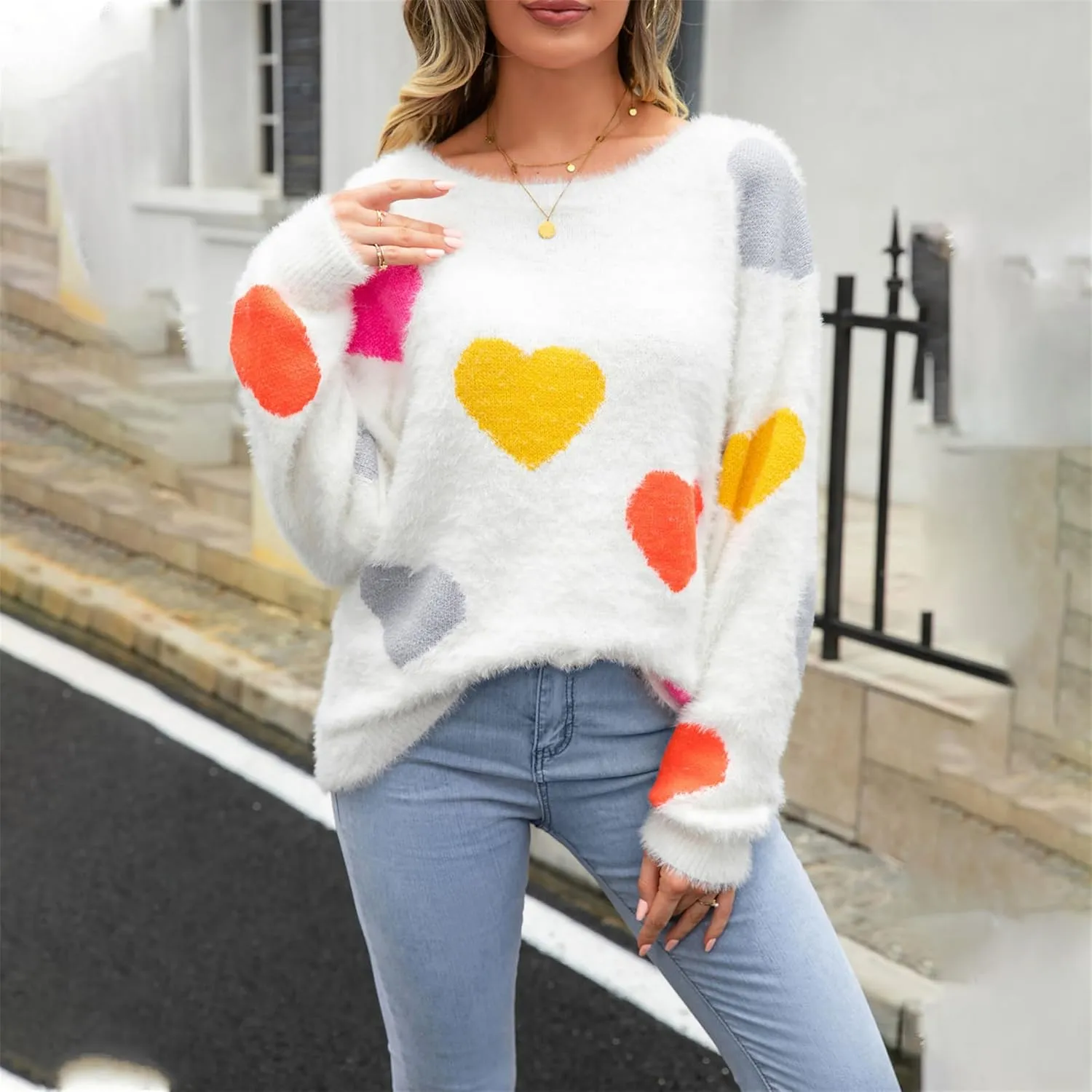 Valentine Sweater for Women Romantic Oversized Heart Print Long Sleeve Crew Neck Sweatshirt Casual Cute Pullover Top