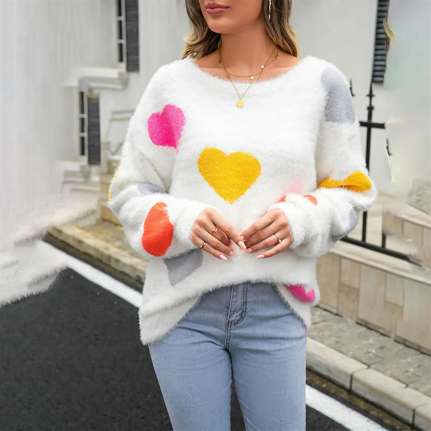 Valentine Sweater for Women Romantic Oversized Heart Print Long Sleeve Crew Neck Sweatshirt Casual Cute Pullover Top