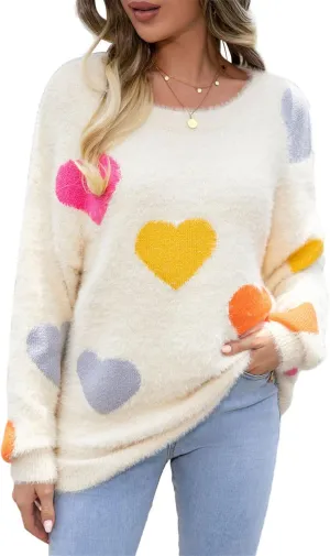 Valentine Sweater for Women Romantic Oversized Heart Print Long Sleeve Crew Neck Sweatshirt Casual Cute Pullover Top