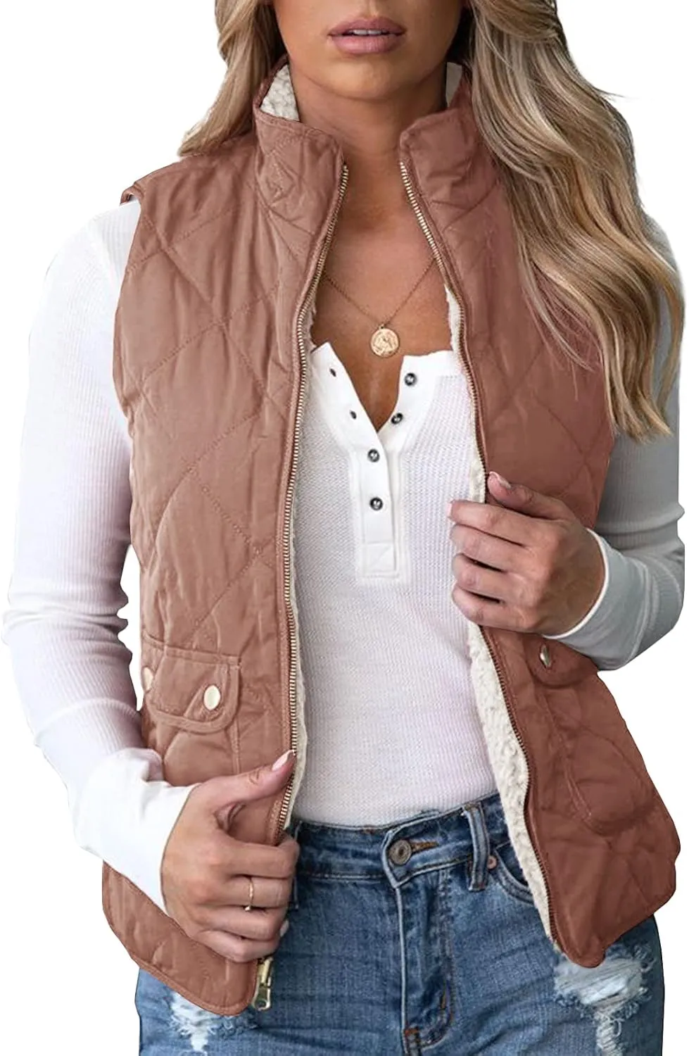 Valphsio Women's Reversible Sherpa Vest Quilted Zip Fleece Padded Gilet with Pockets