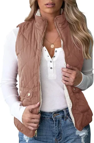 Valphsio Women's Reversible Sherpa Vest Quilted Zip Fleece Padded Gilet with Pockets