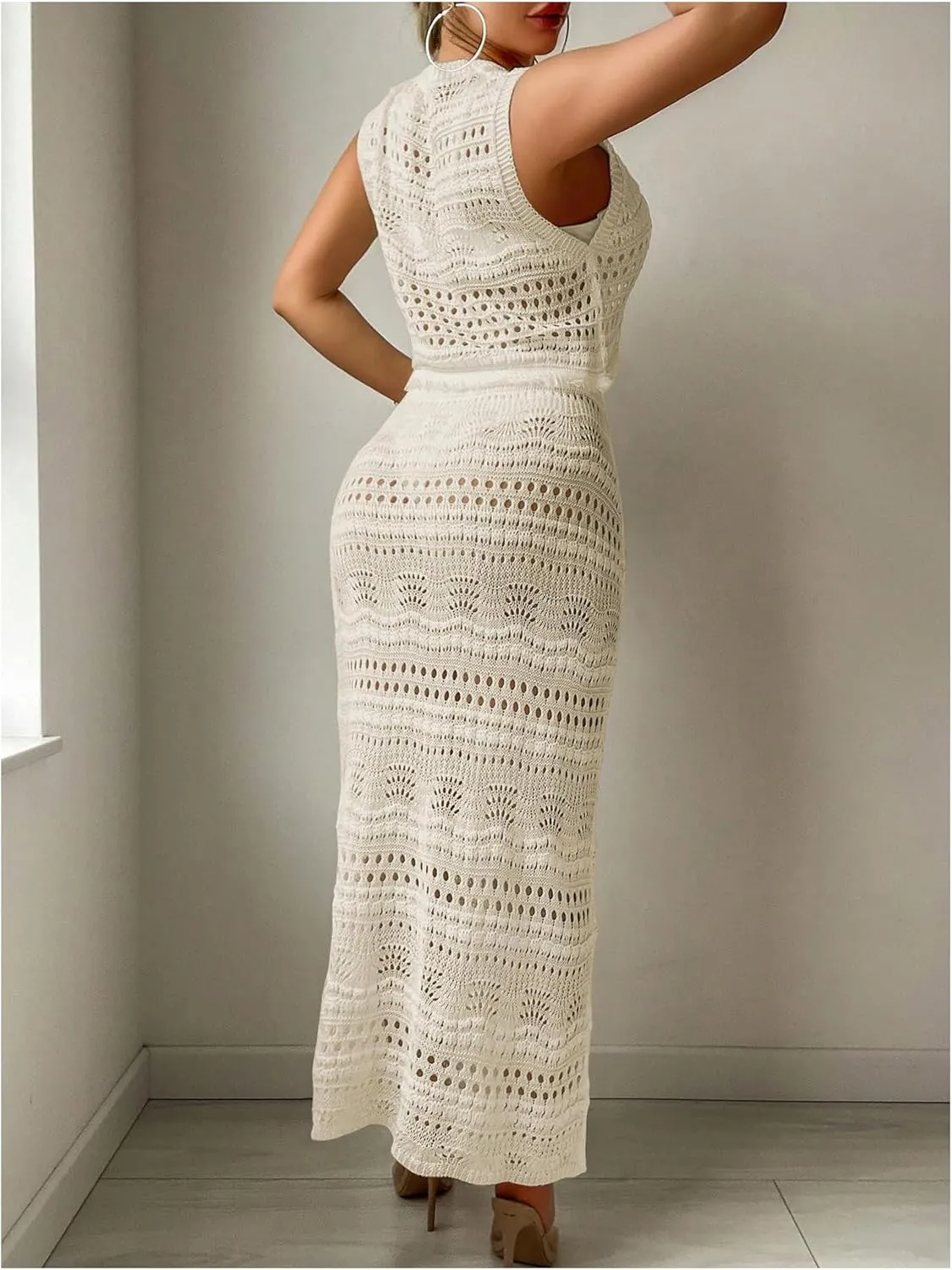 Verdusa Women's 2 Piece Cover Ups Hollow Out Crochet Knit Tank Tops and Fishtail Bodycon Skirt Set