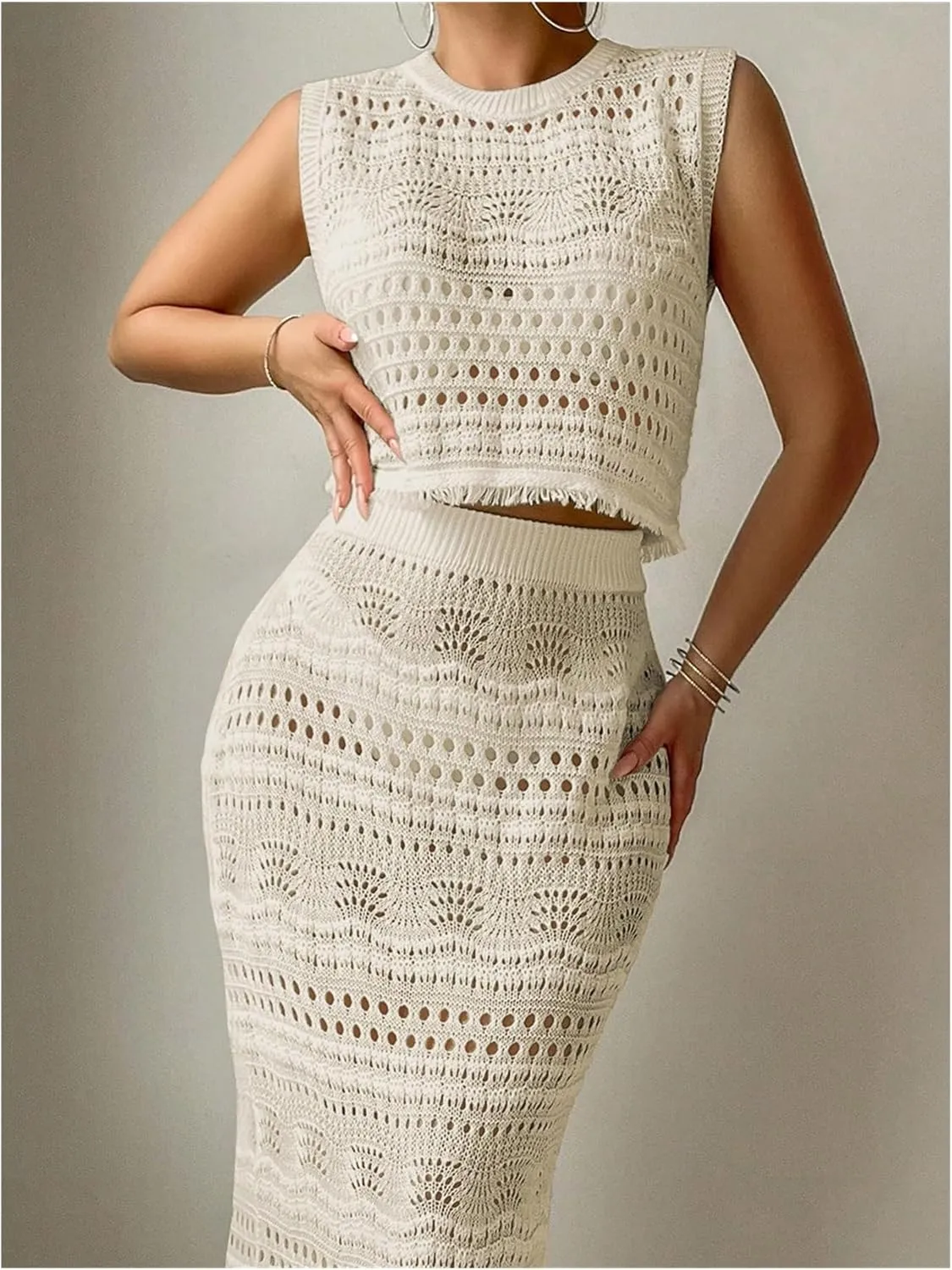 Verdusa Women's 2 Piece Cover Ups Hollow Out Crochet Knit Tank Tops and Fishtail Bodycon Skirt Set