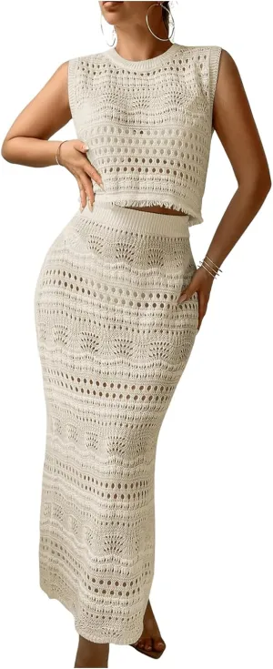 Verdusa Women's 2 Piece Cover Ups Hollow Out Crochet Knit Tank Tops and Fishtail Bodycon Skirt Set