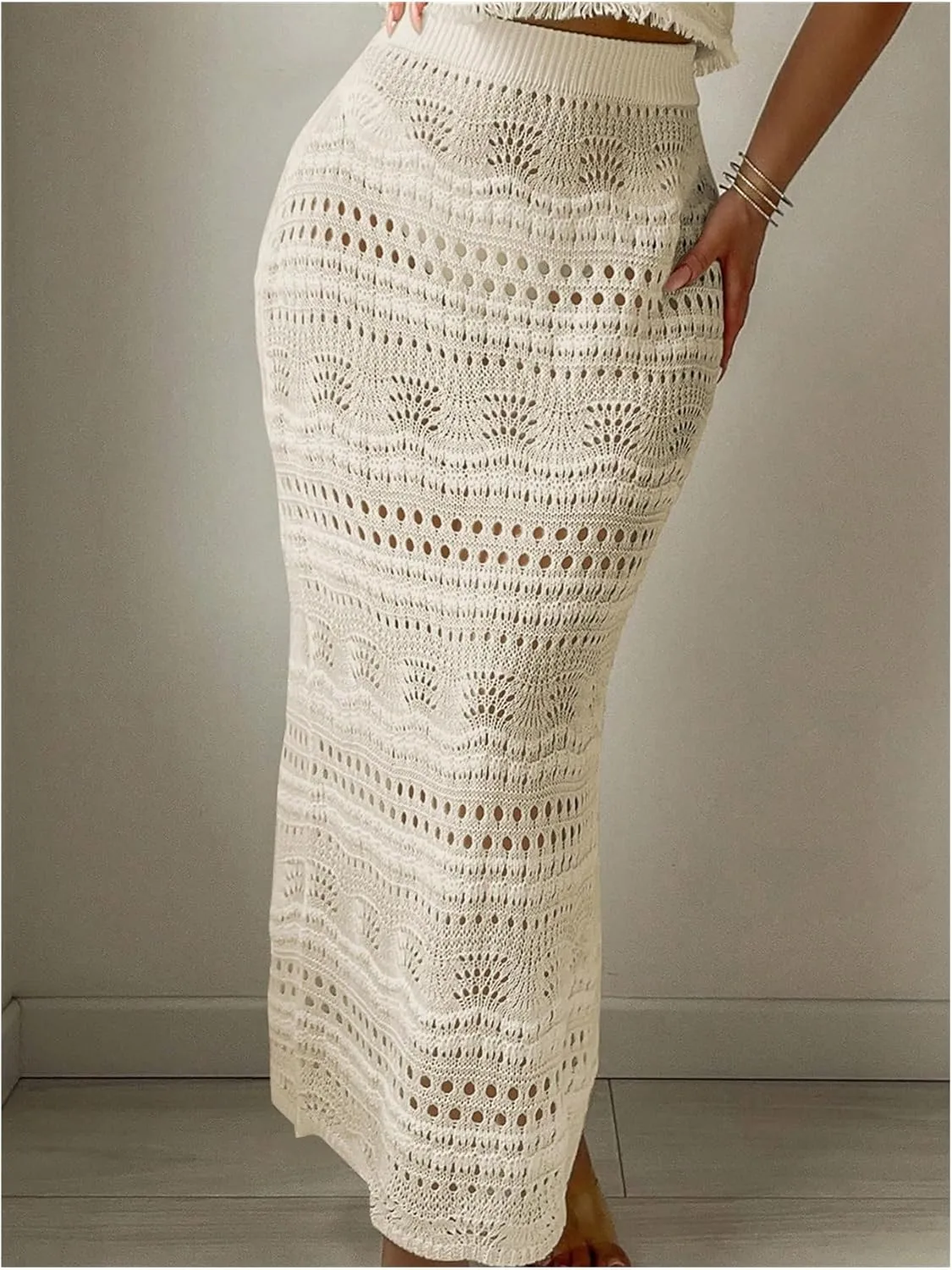 Verdusa Women's 2 Piece Cover Ups Hollow Out Crochet Knit Tank Tops and Fishtail Bodycon Skirt Set