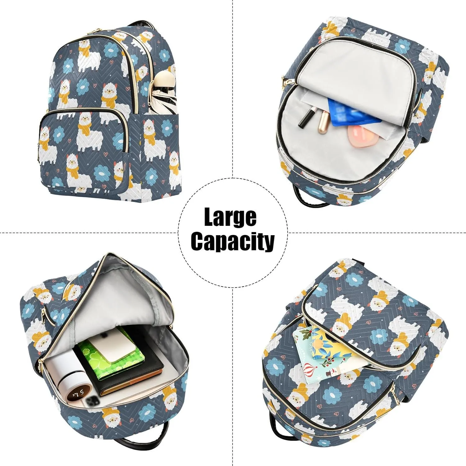 VIGTRO Women Fashion Backpack Quilted Mini Purse Cartoon Lama and Flowers, Lightweight Travel Casual Shoulder Backpack with Adjustable Straps Size M