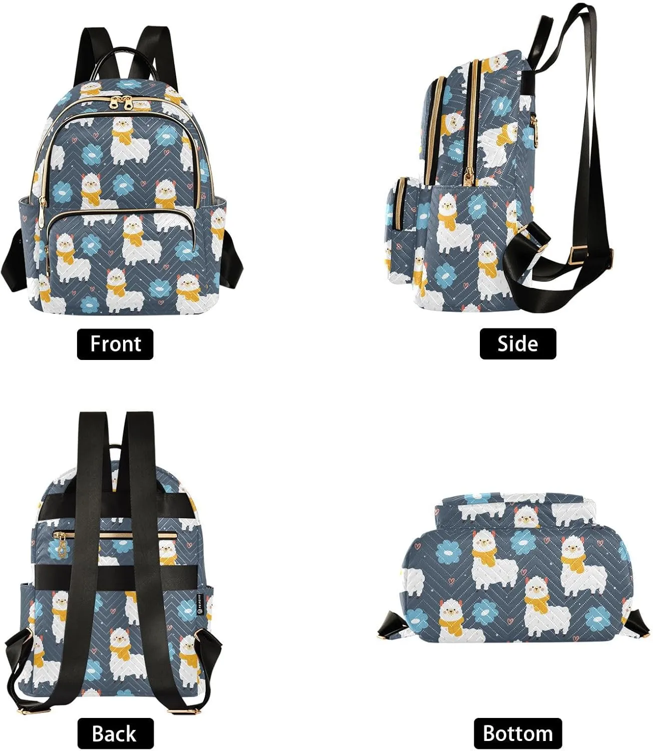 VIGTRO Women Fashion Backpack Quilted Mini Purse Cartoon Lama and Flowers, Lightweight Travel Casual Shoulder Backpack with Adjustable Straps Size M