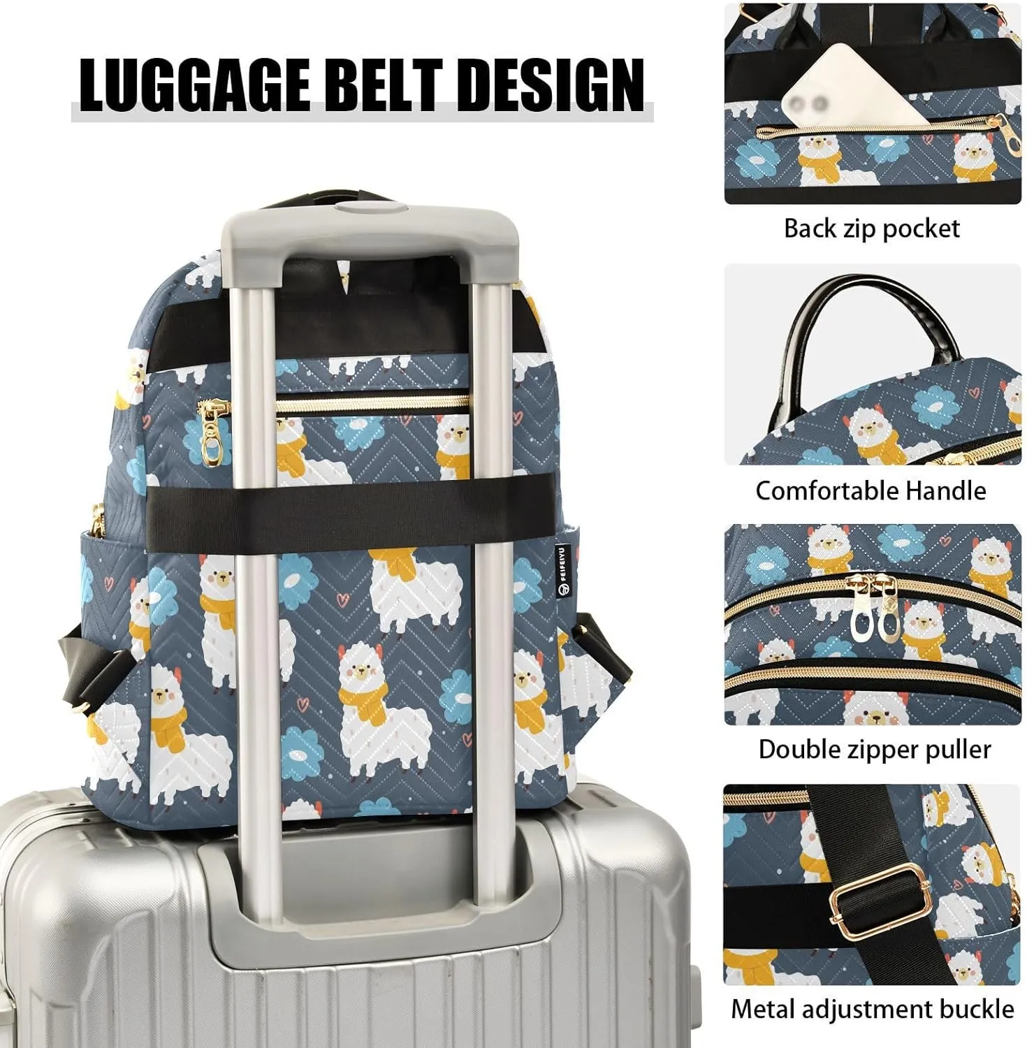 VIGTRO Women Fashion Backpack Quilted Mini Purse Cartoon Lama and Flowers, Lightweight Travel Casual Shoulder Backpack with Adjustable Straps Size M