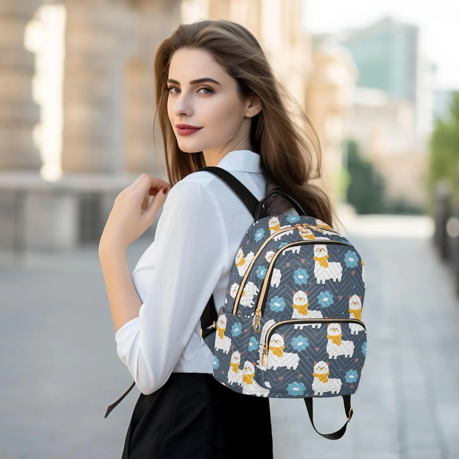 VIGTRO Women Fashion Backpack Quilted Mini Purse Cartoon Lama and Flowers, Lightweight Travel Casual Shoulder Backpack with Adjustable Straps Size M