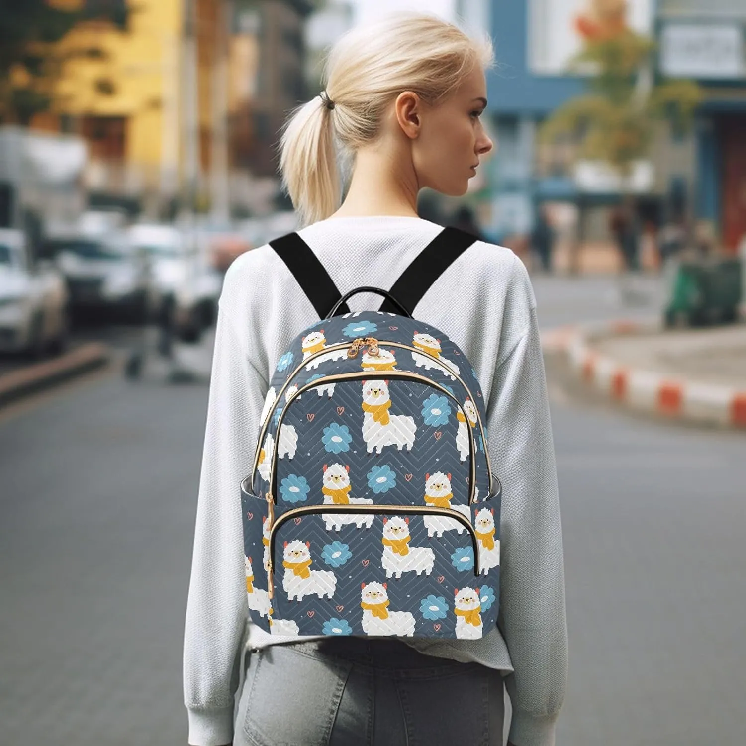 VIGTRO Women Fashion Backpack Quilted Mini Purse Cartoon Lama and Flowers, Lightweight Travel Casual Shoulder Backpack with Adjustable Straps Size M