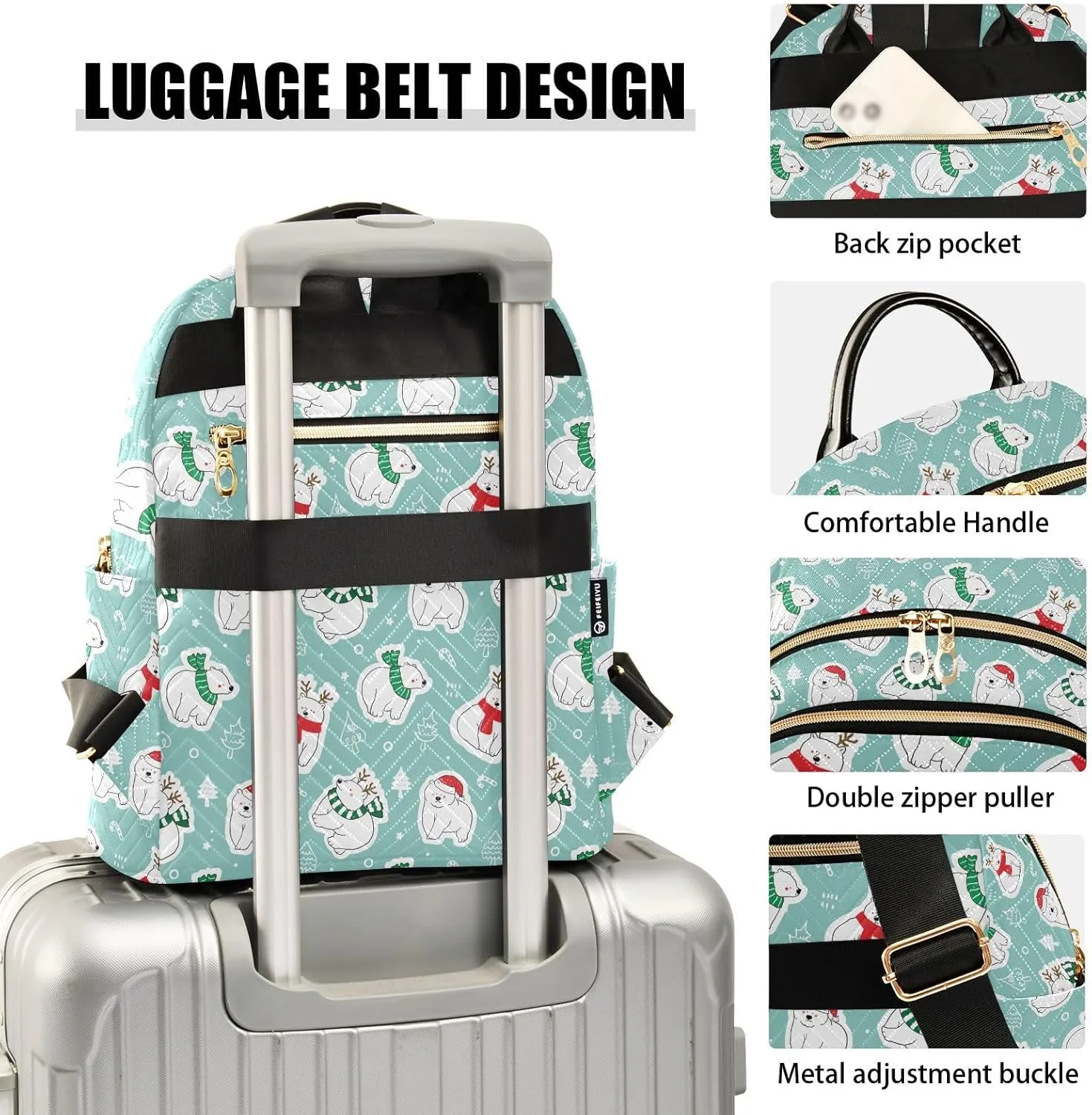 VIGTRO Women Fashion Backpack Quilted Mini Purse Christmas Cartoon Winter Bear, Lightweight Travel Casual Shoulder Backpack with Adjustable Straps Size M