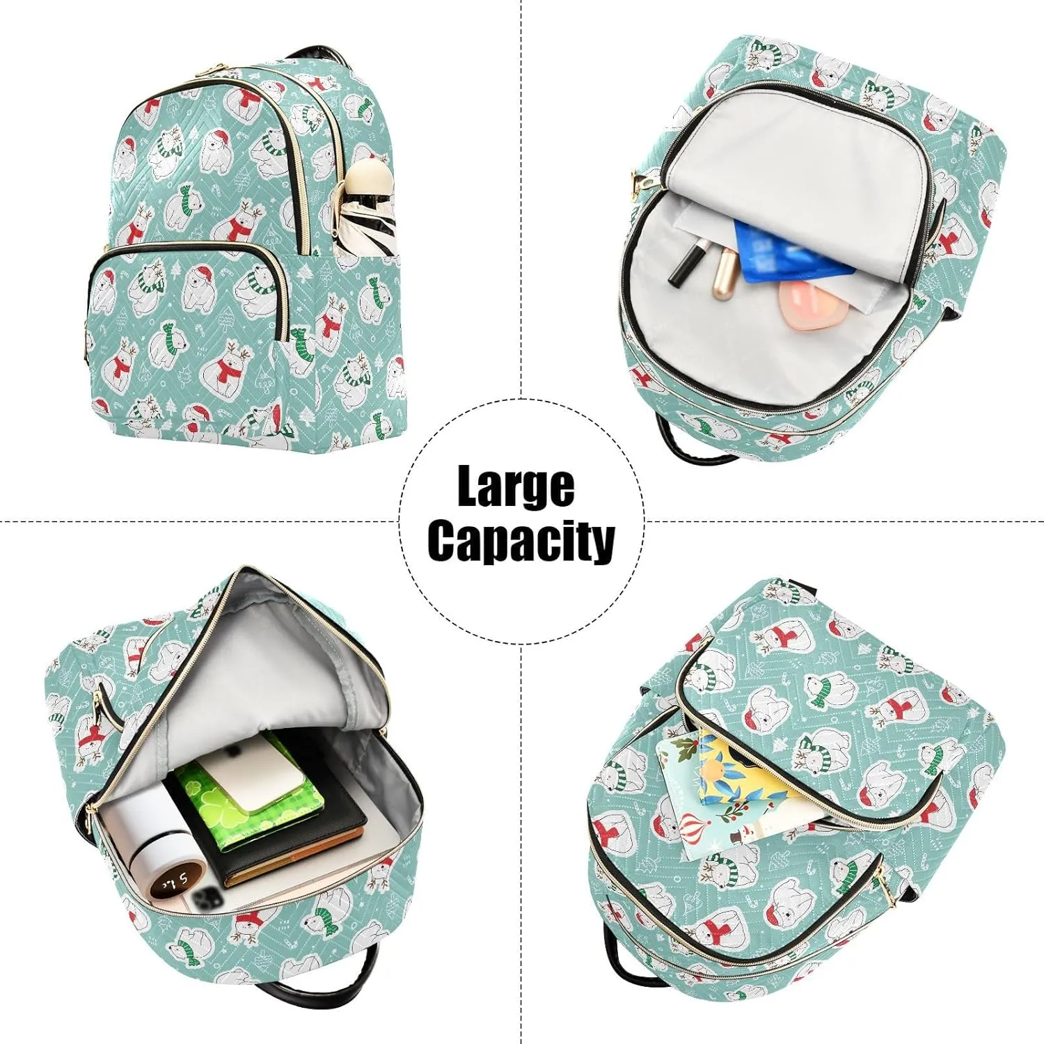 VIGTRO Women Fashion Backpack Quilted Mini Purse Christmas Cartoon Winter Bear, Lightweight Travel Casual Shoulder Backpack with Adjustable Straps Size M