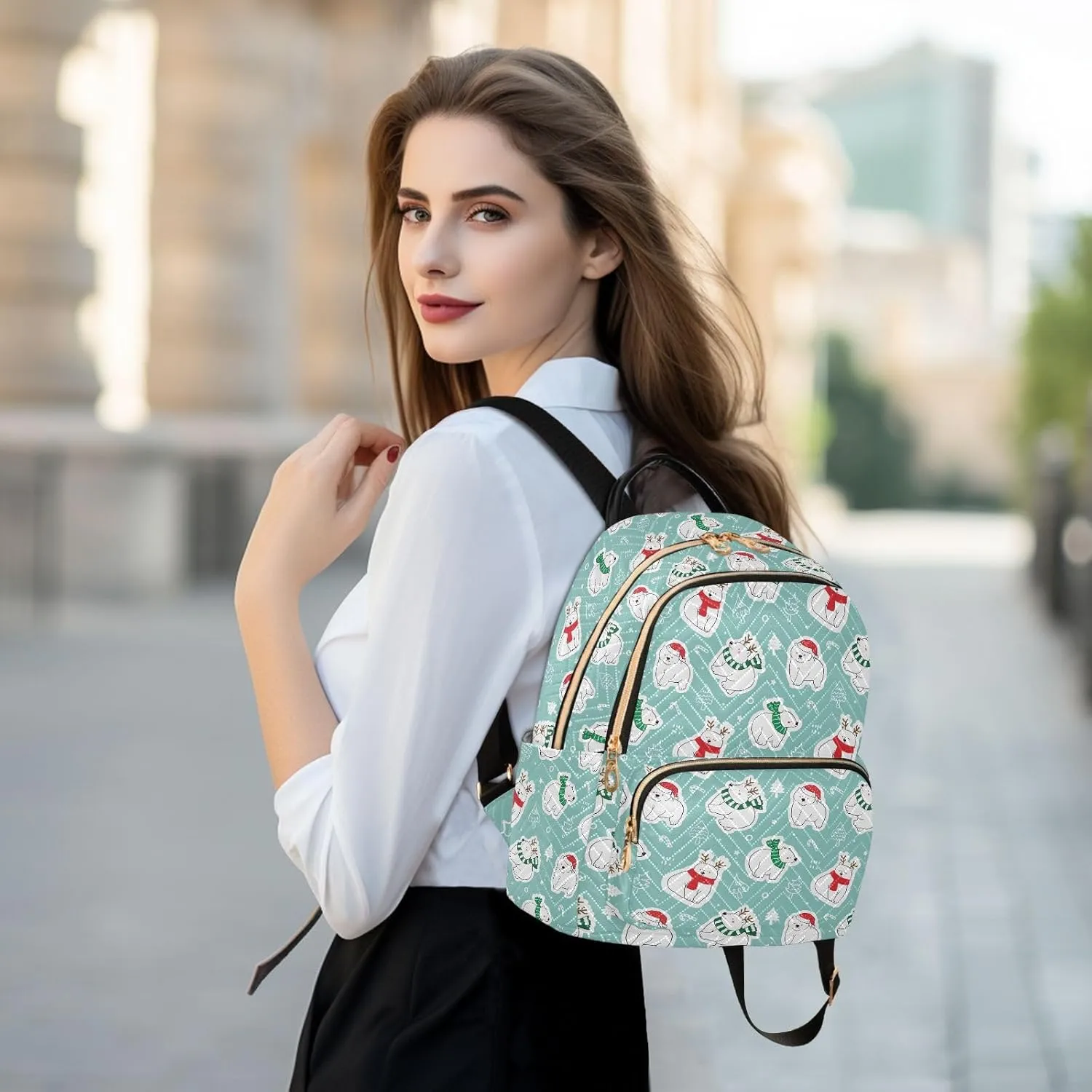 VIGTRO Women Fashion Backpack Quilted Mini Purse Christmas Cartoon Winter Bear, Lightweight Travel Casual Shoulder Backpack with Adjustable Straps Size M