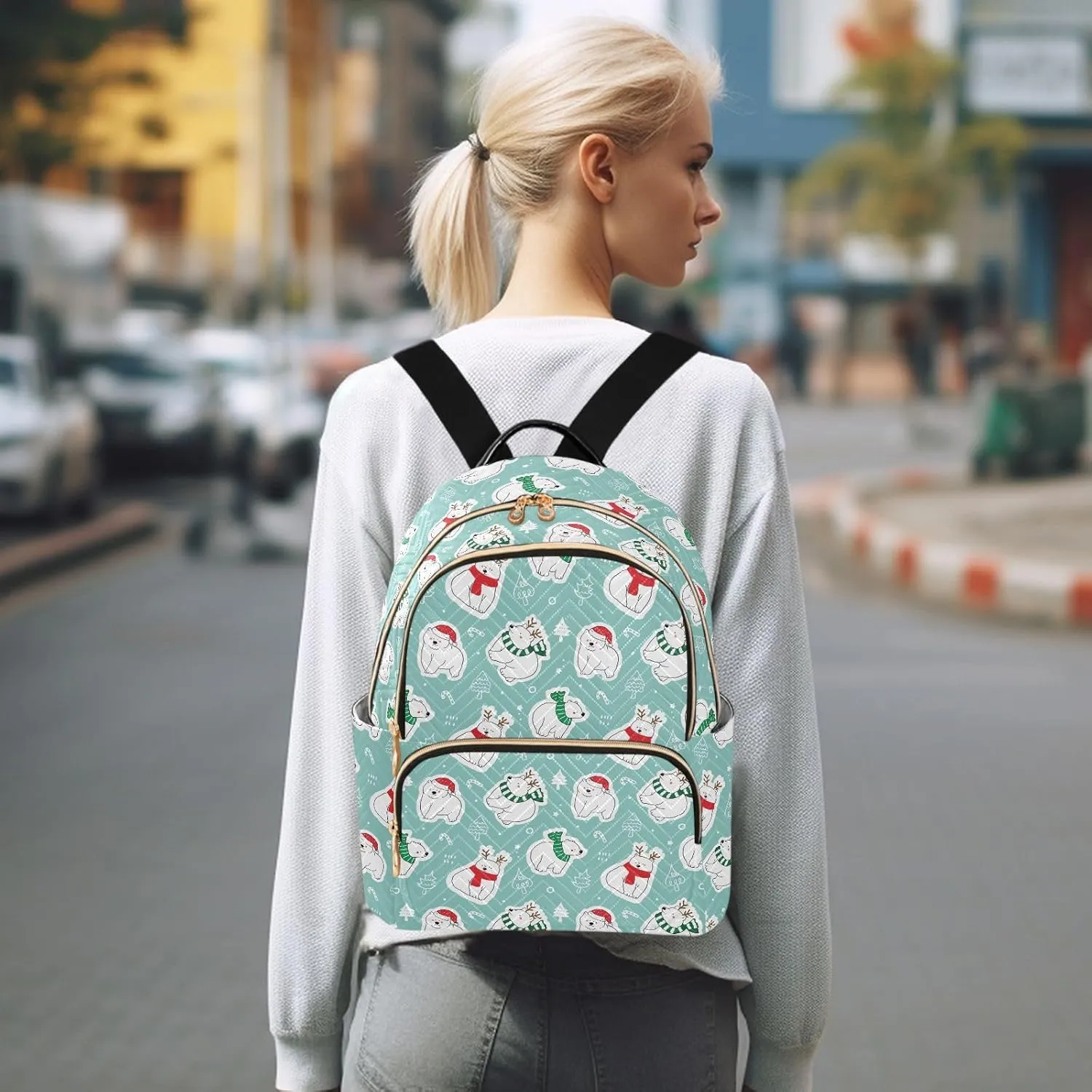 VIGTRO Women Fashion Backpack Quilted Mini Purse Christmas Cartoon Winter Bear, Lightweight Travel Casual Shoulder Backpack with Adjustable Straps Size M