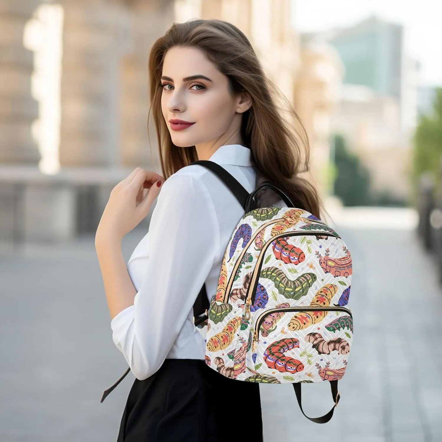 VIGTRO Women Fashion Backpack Quilted Mini Purse Colorful Insects Caterpillar Pattern, Lightweight Travel Casual Shoulder Backpack with Adjustable Straps Size S