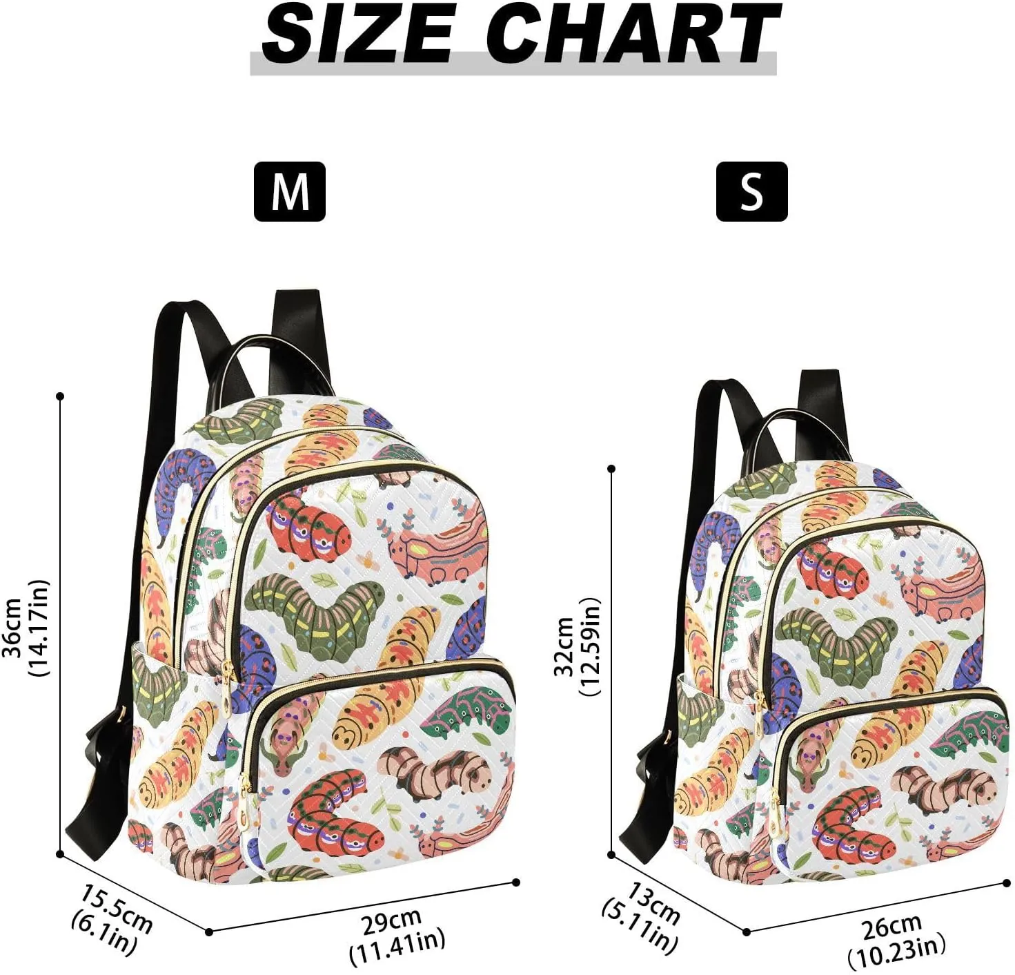 VIGTRO Women Fashion Backpack Quilted Mini Purse Colorful Insects Caterpillar Pattern, Lightweight Travel Casual Shoulder Backpack with Adjustable Straps Size S