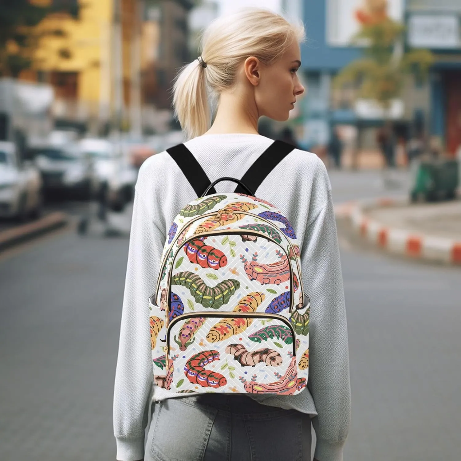 VIGTRO Women Fashion Backpack Quilted Mini Purse Colorful Insects Caterpillar Pattern, Lightweight Travel Casual Shoulder Backpack with Adjustable Straps Size S