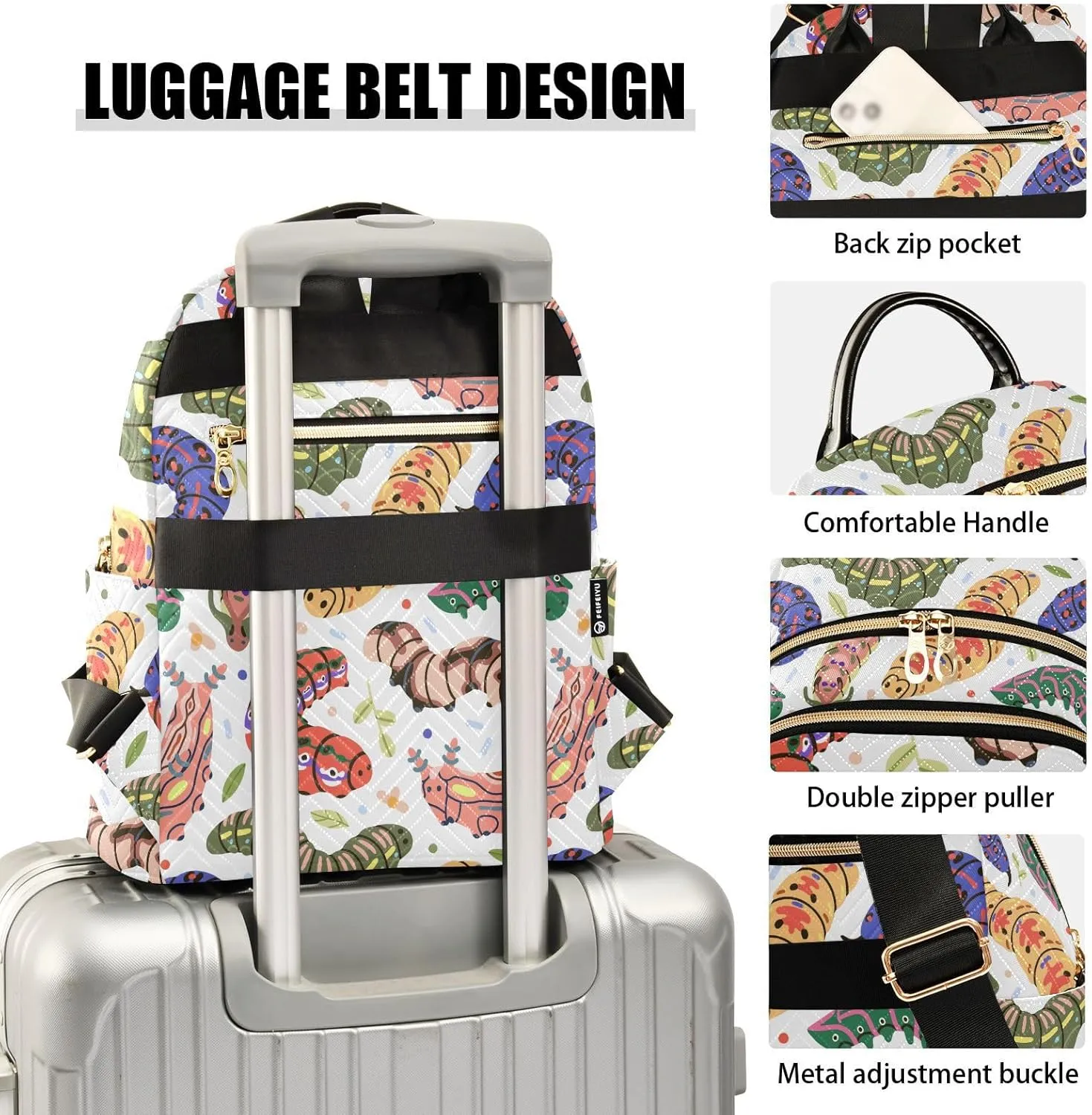 VIGTRO Women Fashion Backpack Quilted Mini Purse Colorful Insects Caterpillar Pattern, Lightweight Travel Casual Shoulder Backpack with Adjustable Straps Size S