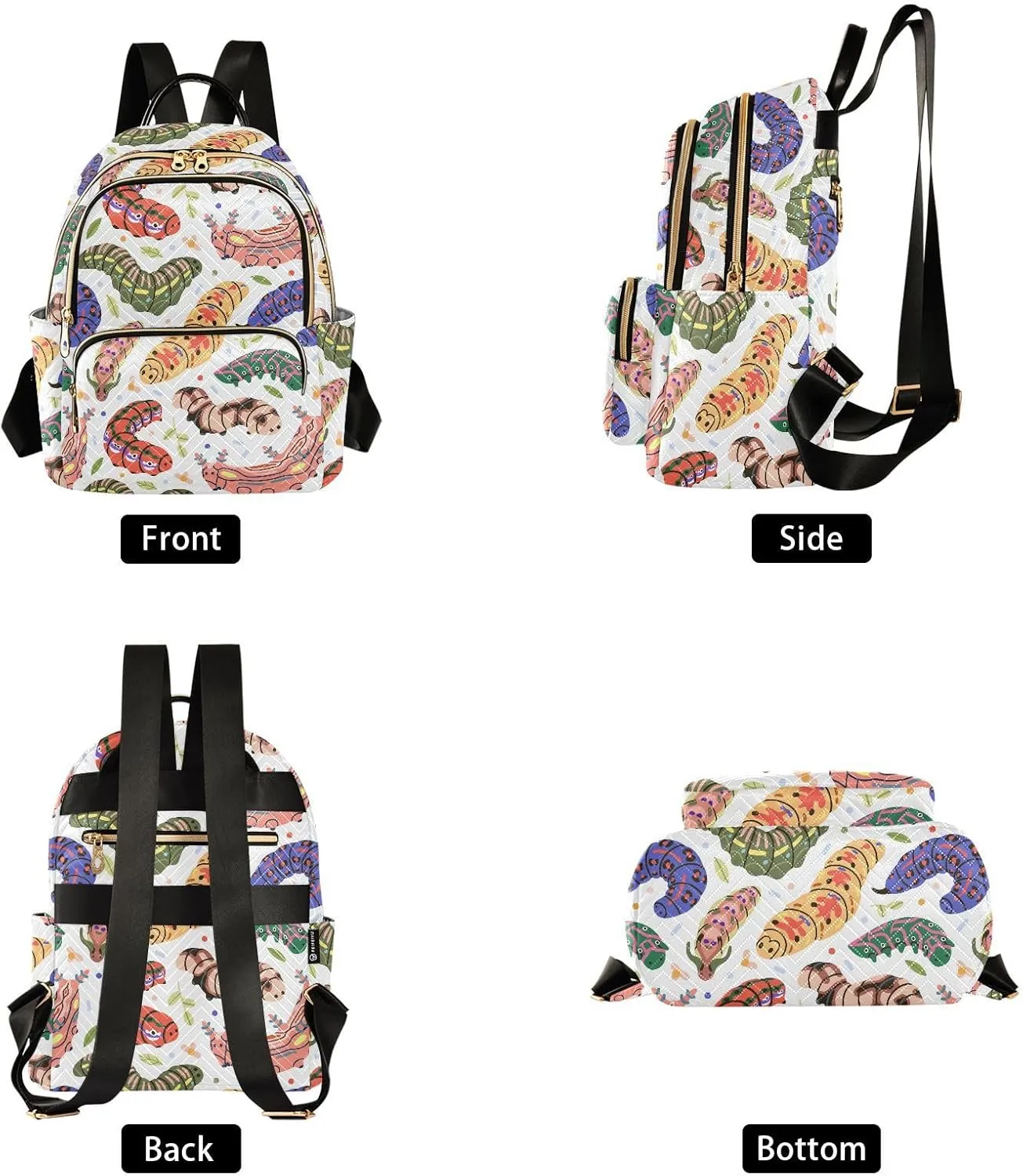 VIGTRO Women Fashion Backpack Quilted Mini Purse Colorful Insects Caterpillar Pattern, Lightweight Travel Casual Shoulder Backpack with Adjustable Straps Size S