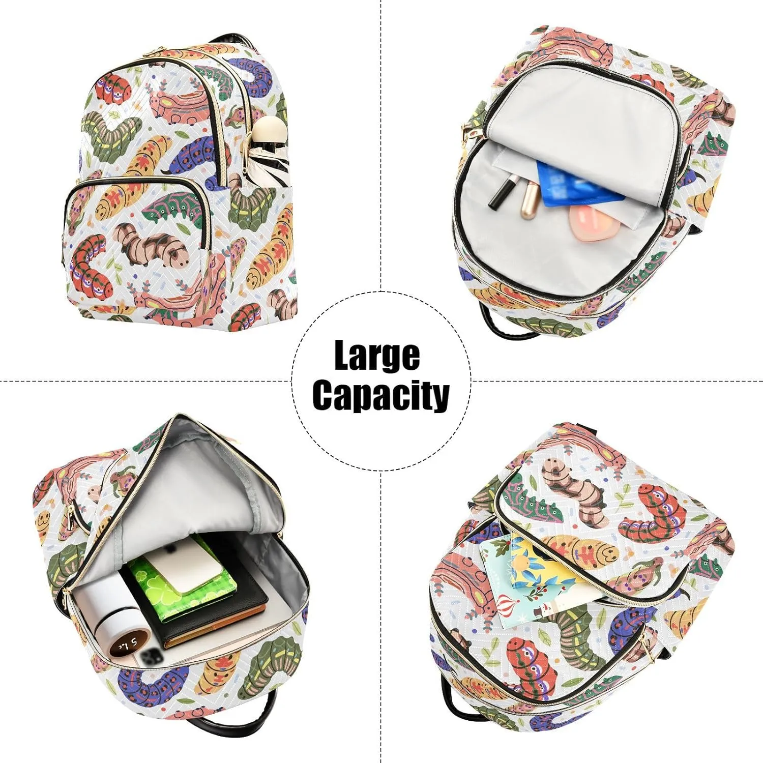 VIGTRO Women Fashion Backpack Quilted Mini Purse Colorful Insects Caterpillar Pattern, Lightweight Travel Casual Shoulder Backpack with Adjustable Straps Size S