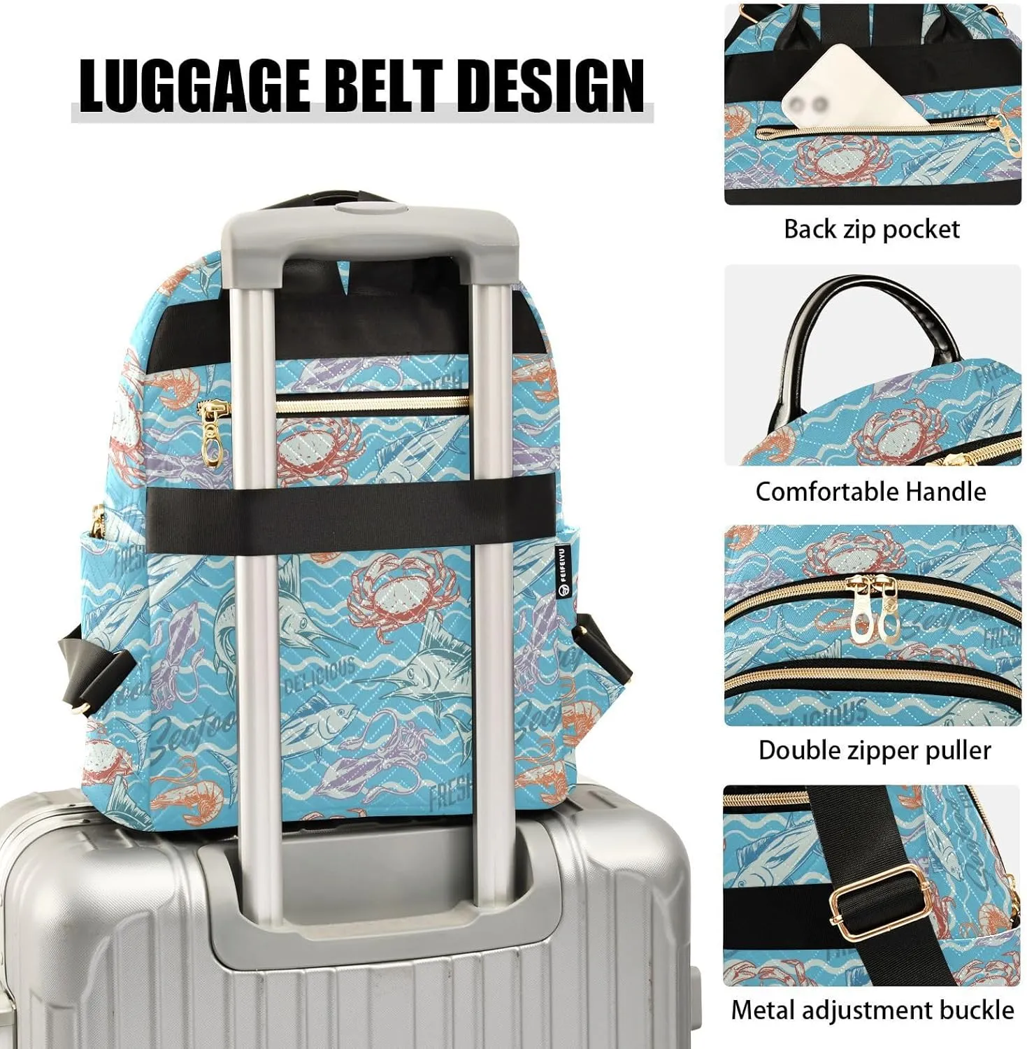VIGTRO Women Fashion Backpack Quilted Mini Purse Tuna Fish Squid Shrimp Seafood, Lightweight Travel Casual Shoulder Backpack with Adjustable Straps Size S