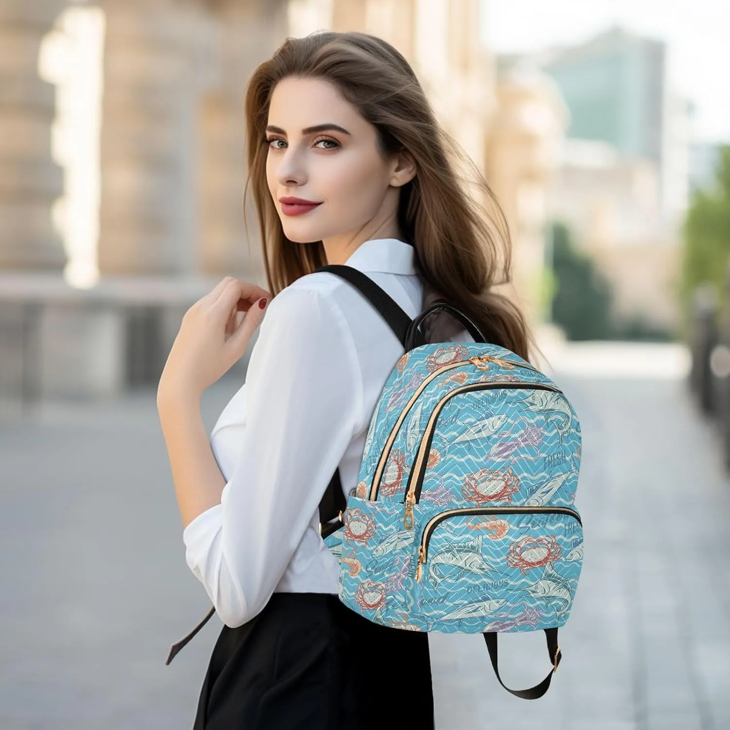 VIGTRO Women Fashion Backpack Quilted Mini Purse Tuna Fish Squid Shrimp Seafood, Lightweight Travel Casual Shoulder Backpack with Adjustable Straps Size S