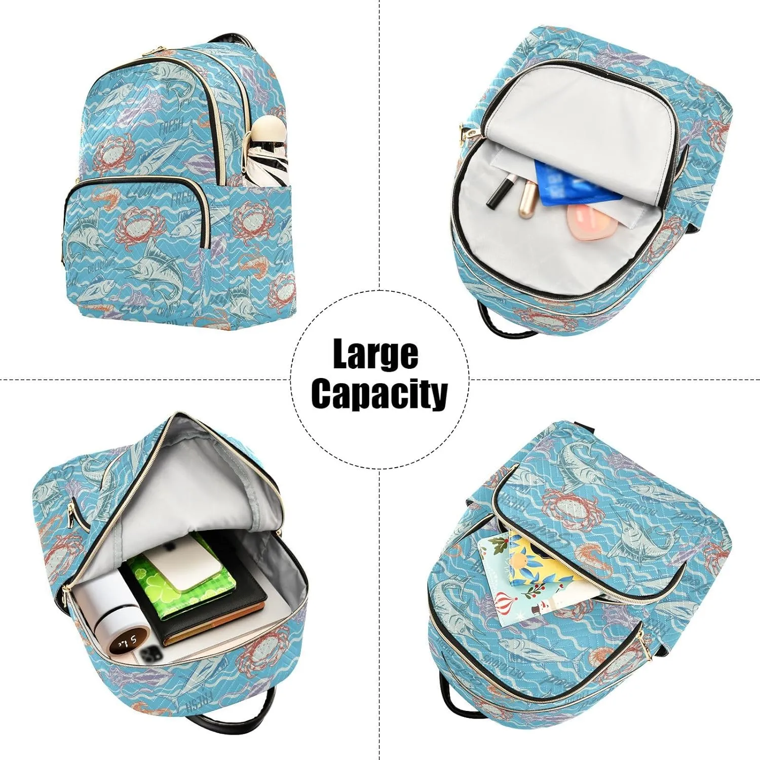 VIGTRO Women Fashion Backpack Quilted Mini Purse Tuna Fish Squid Shrimp Seafood, Lightweight Travel Casual Shoulder Backpack with Adjustable Straps Size S