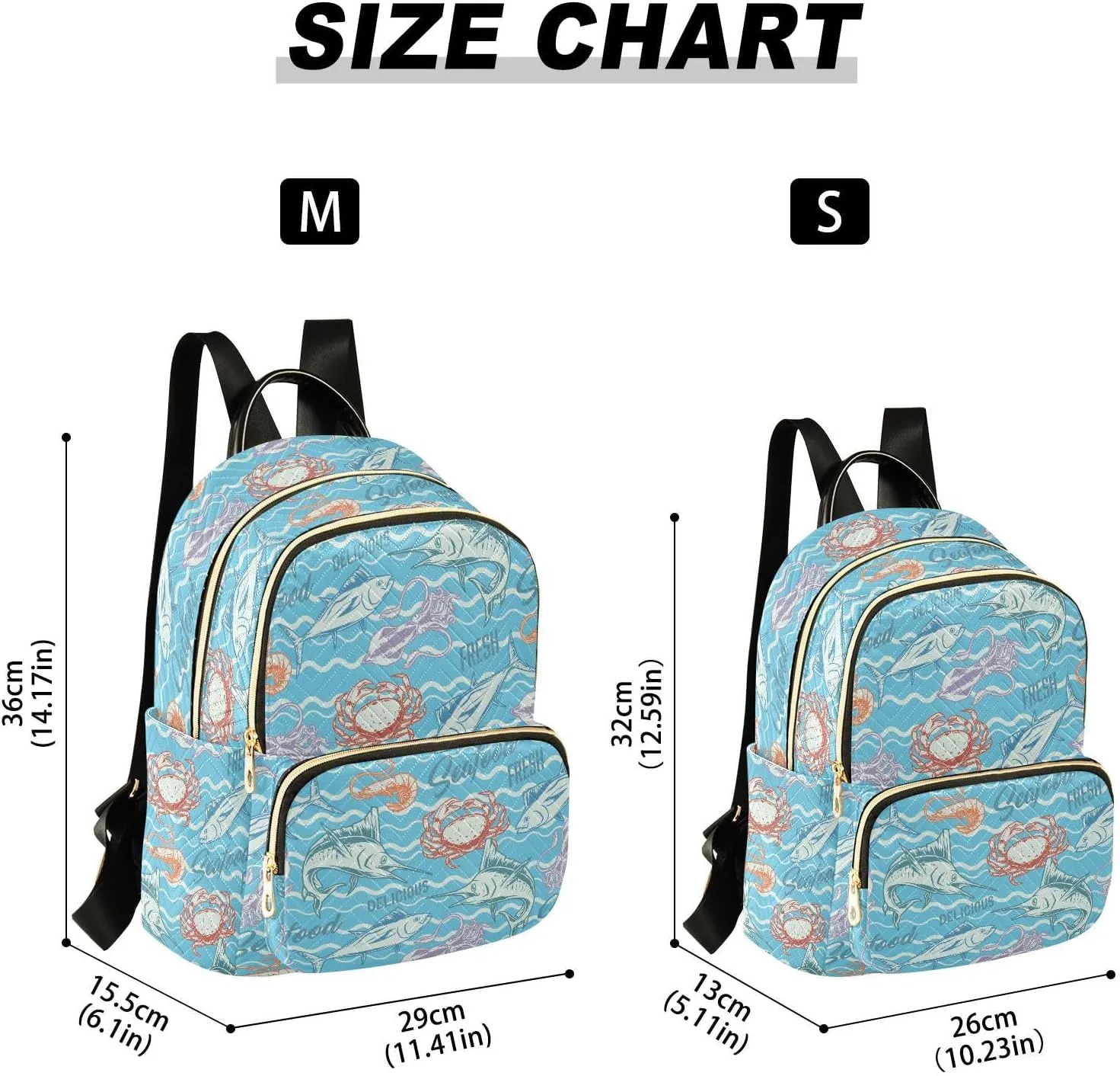 VIGTRO Women Fashion Backpack Quilted Mini Purse Tuna Fish Squid Shrimp Seafood, Lightweight Travel Casual Shoulder Backpack with Adjustable Straps Size S