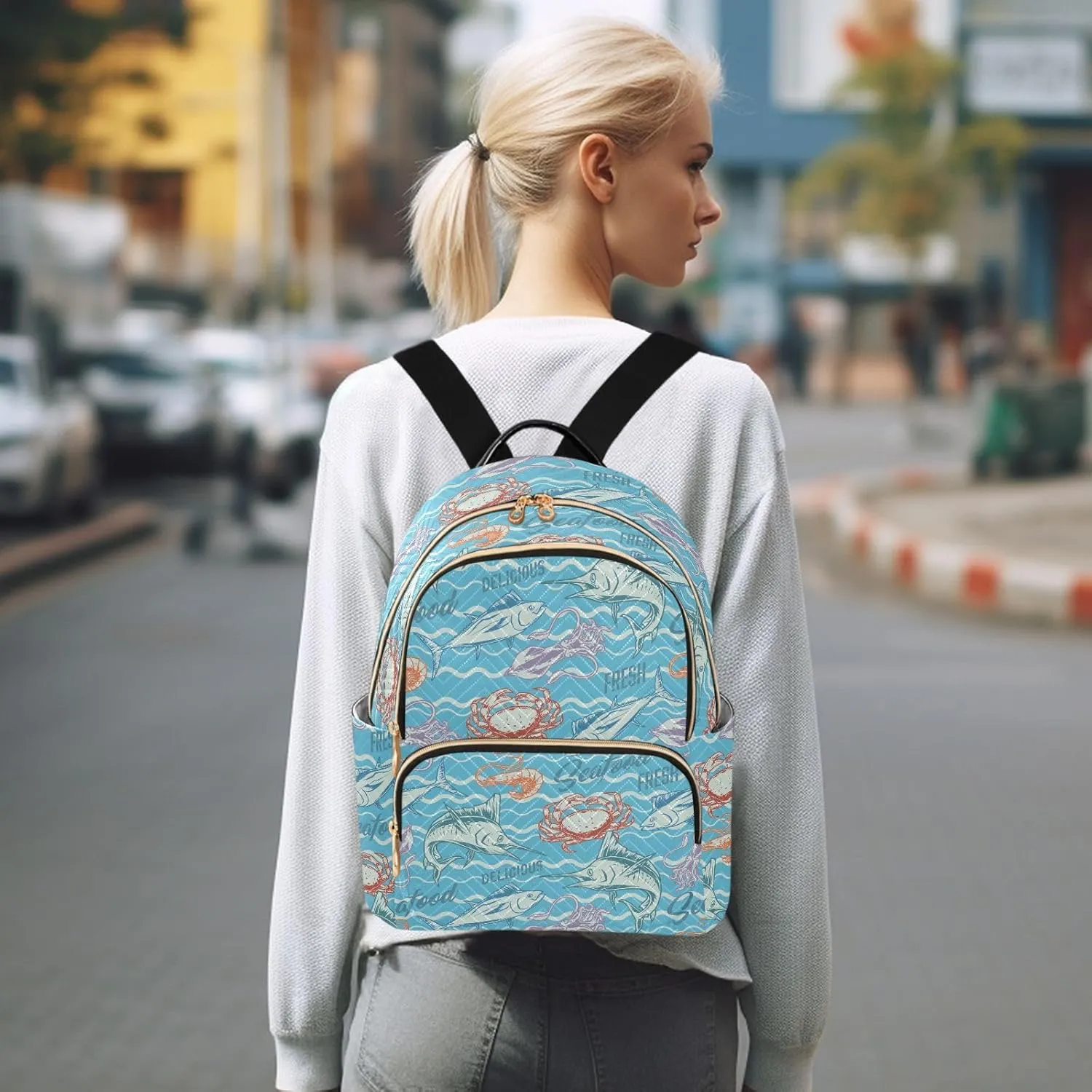 VIGTRO Women Fashion Backpack Quilted Mini Purse Tuna Fish Squid Shrimp Seafood, Lightweight Travel Casual Shoulder Backpack with Adjustable Straps Size S