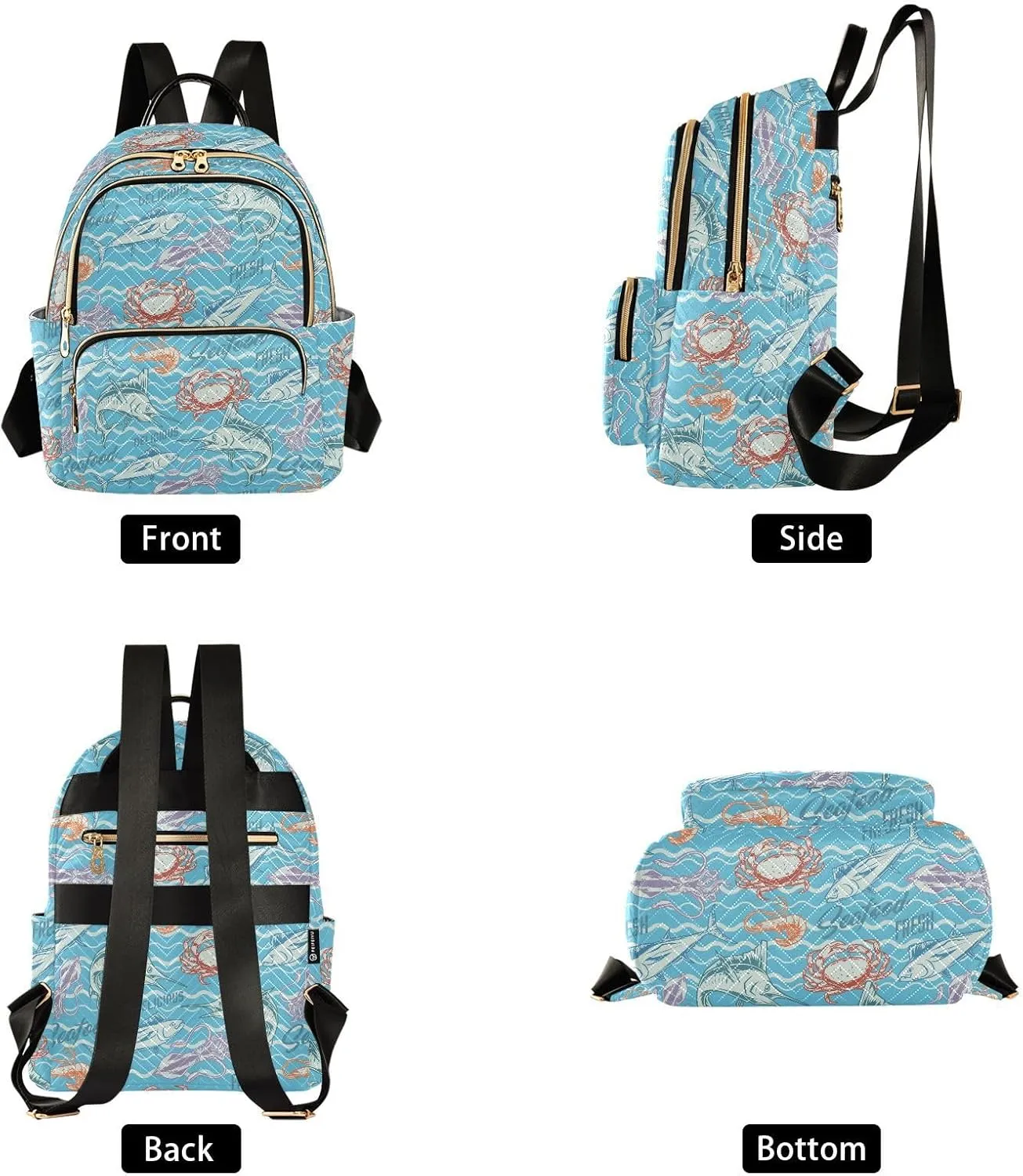VIGTRO Women Fashion Backpack Quilted Mini Purse Tuna Fish Squid Shrimp Seafood, Lightweight Travel Casual Shoulder Backpack with Adjustable Straps Size S