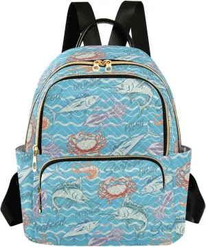 VIGTRO Women Fashion Backpack Quilted Mini Purse Tuna Fish Squid Shrimp Seafood, Lightweight Travel Casual Shoulder Backpack with Adjustable Straps Size S