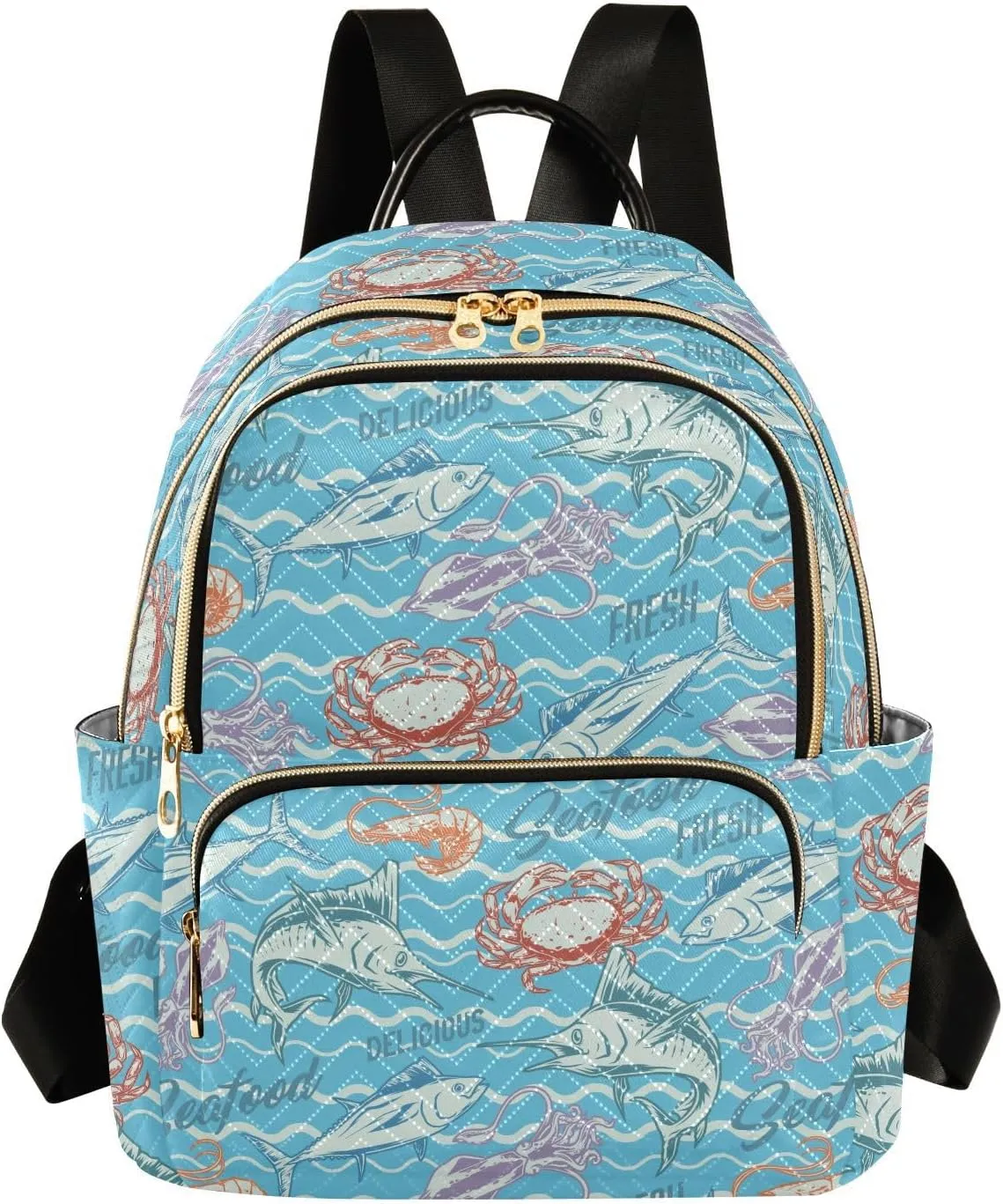 VIGTRO Women Fashion Backpack Quilted Mini Purse Tuna Fish Squid Shrimp Seafood, Lightweight Travel Casual Shoulder Backpack with Adjustable Straps Size S