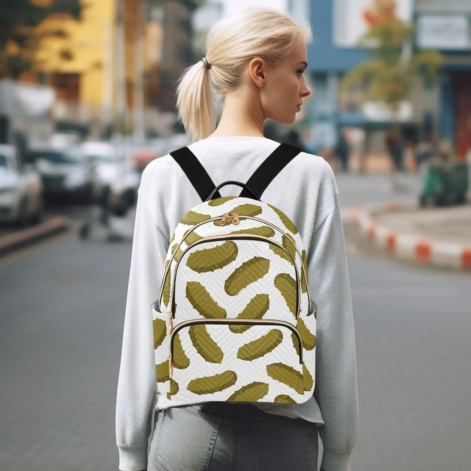 VIGTRO Women Fashion Backpack Quilted Mini Purse Yummy Pickle Cucumber, Lightweight Travel Casual Shoulder Backpack with Adjustable Straps Size S