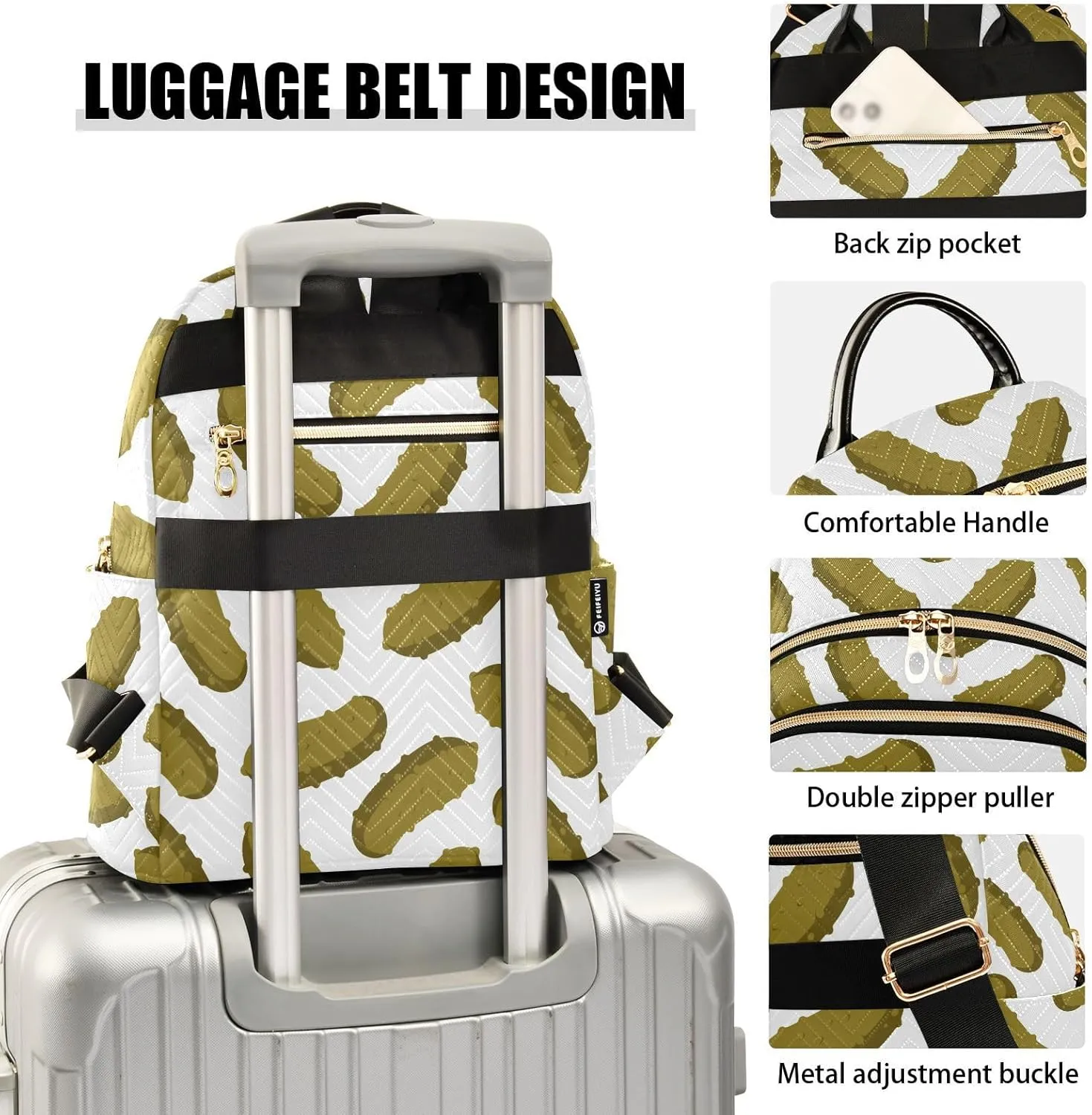VIGTRO Women Fashion Backpack Quilted Mini Purse Yummy Pickle Cucumber, Lightweight Travel Casual Shoulder Backpack with Adjustable Straps Size S