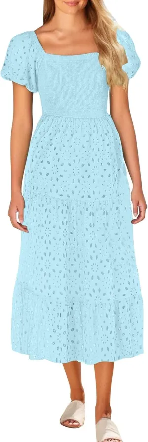 Vintage Floral Hollow Out Pleated Dress for Women Trendy Puff Sleeve Ruffle Hem Maxi Dresses Working Business Wear