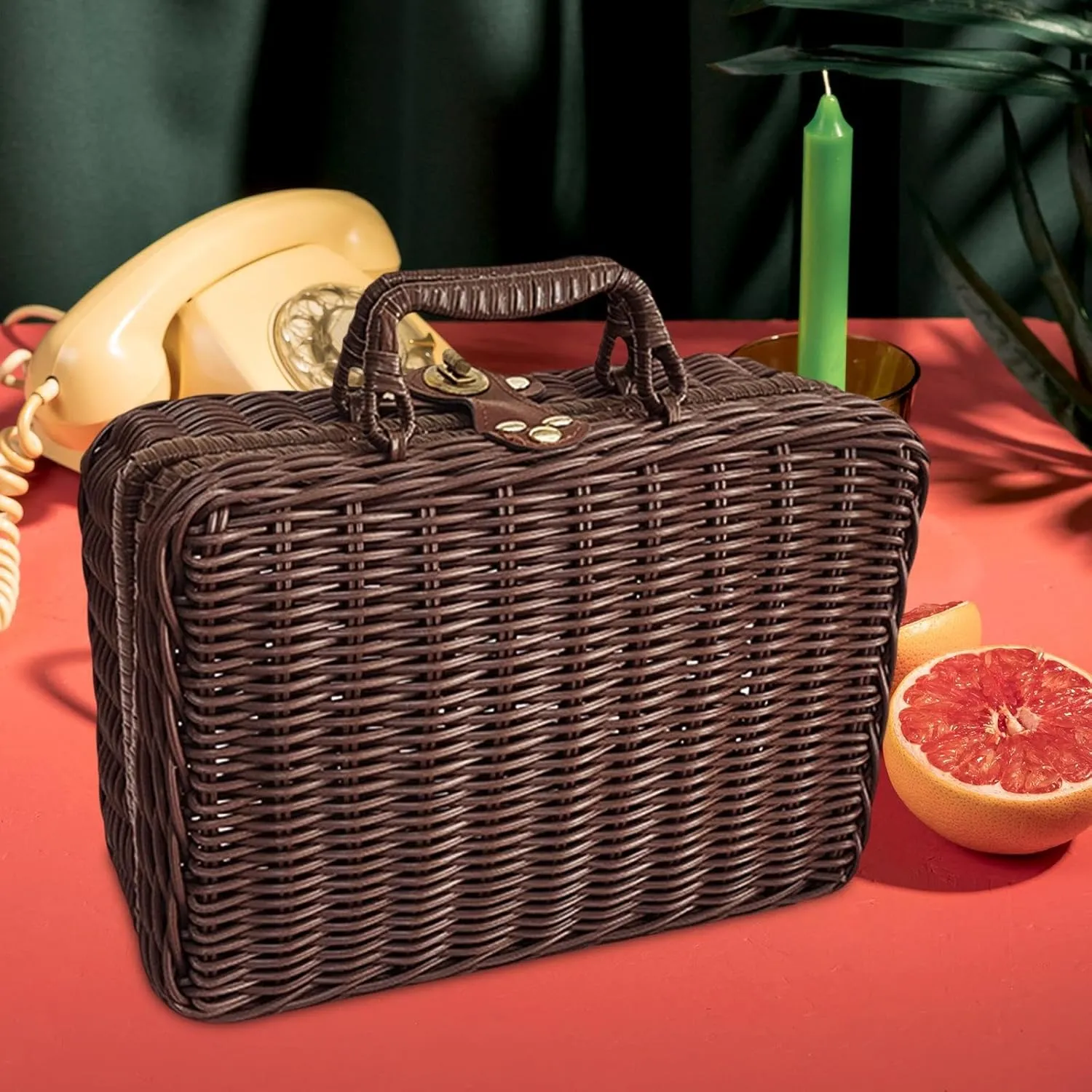 Vintage Rattan Handbag,Picnic Basket,Wicker Hamper for Home, Office, Laundry, DVD, brown, L